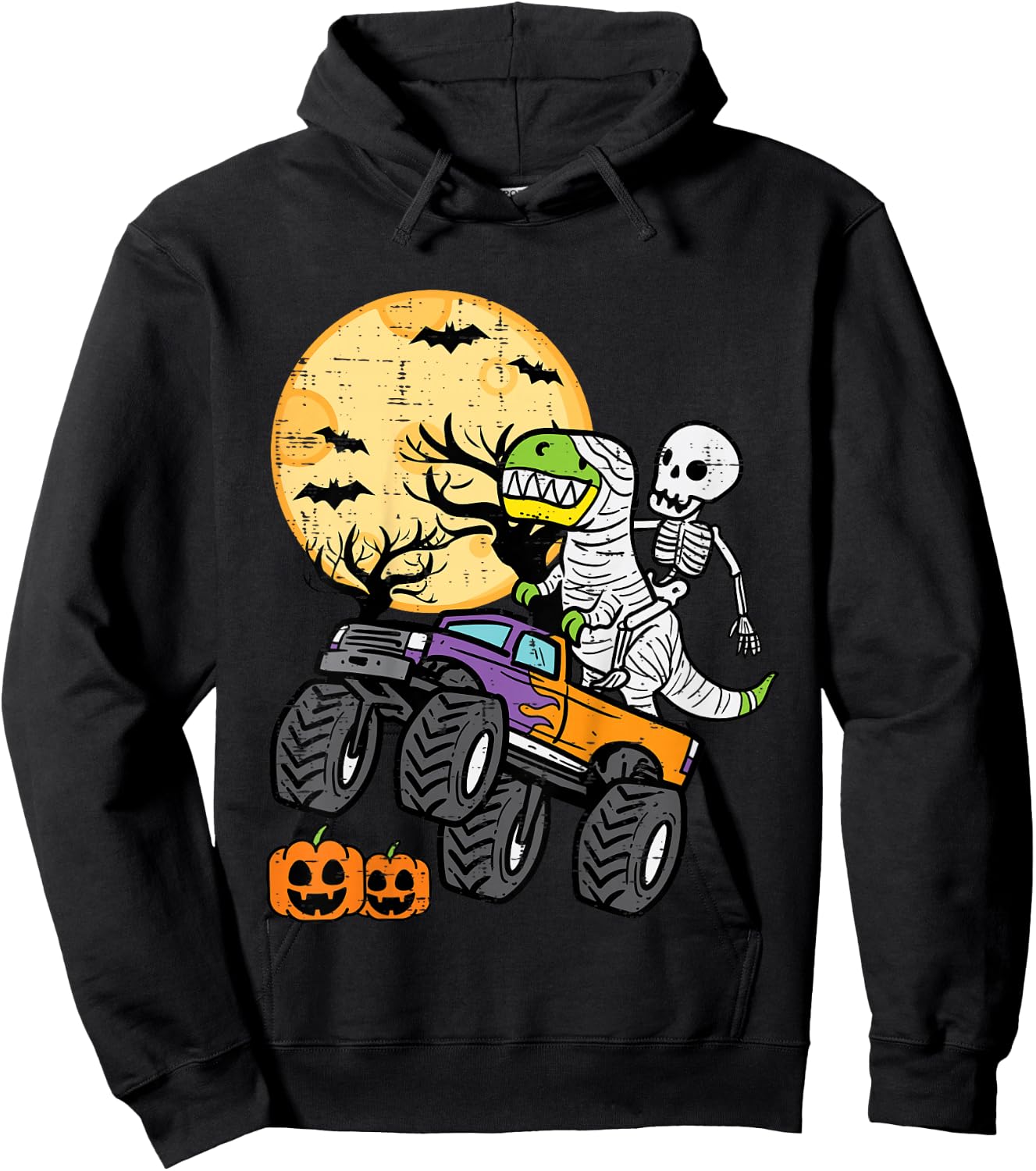 Kids Skeleton Dino Monster Truck Halloween Costume Toddler Boys Hoodie - Hoodie | Black