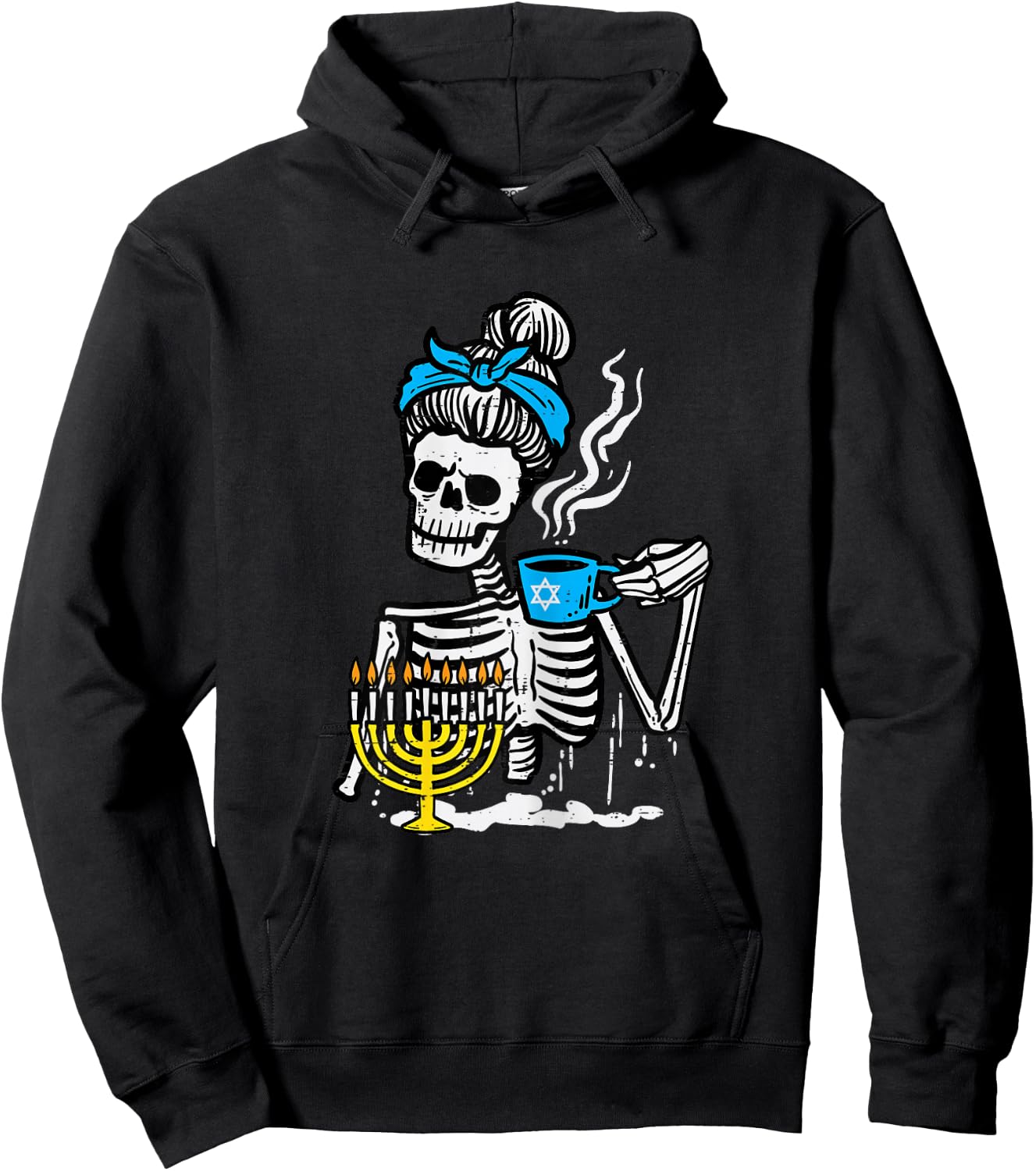 Hanukkah Skeleton Messy Bun Coffee Chanukah Women Girls Kids Hoodie - Hoodie | Black