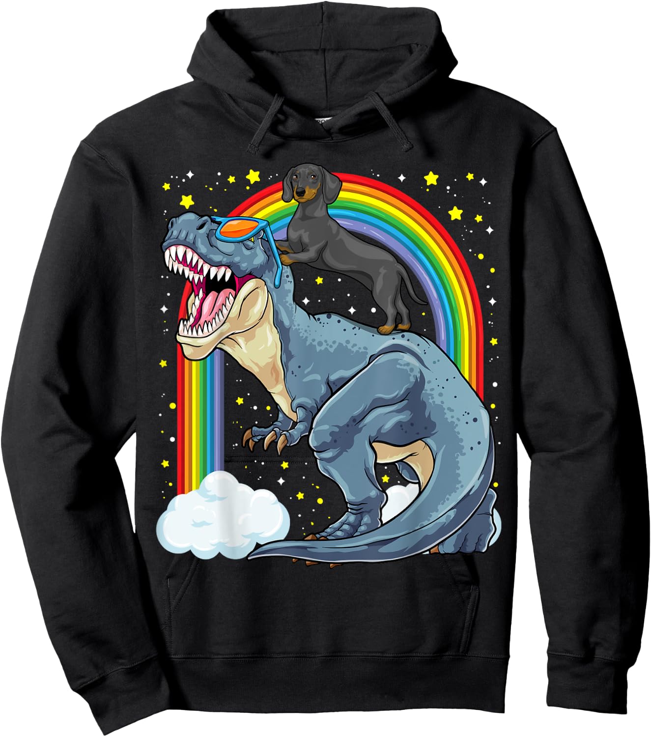 Dachshund Riding Dinosaur T-Rex Dog Rainbow Dino Funny Hoodie - Hoodie | Black