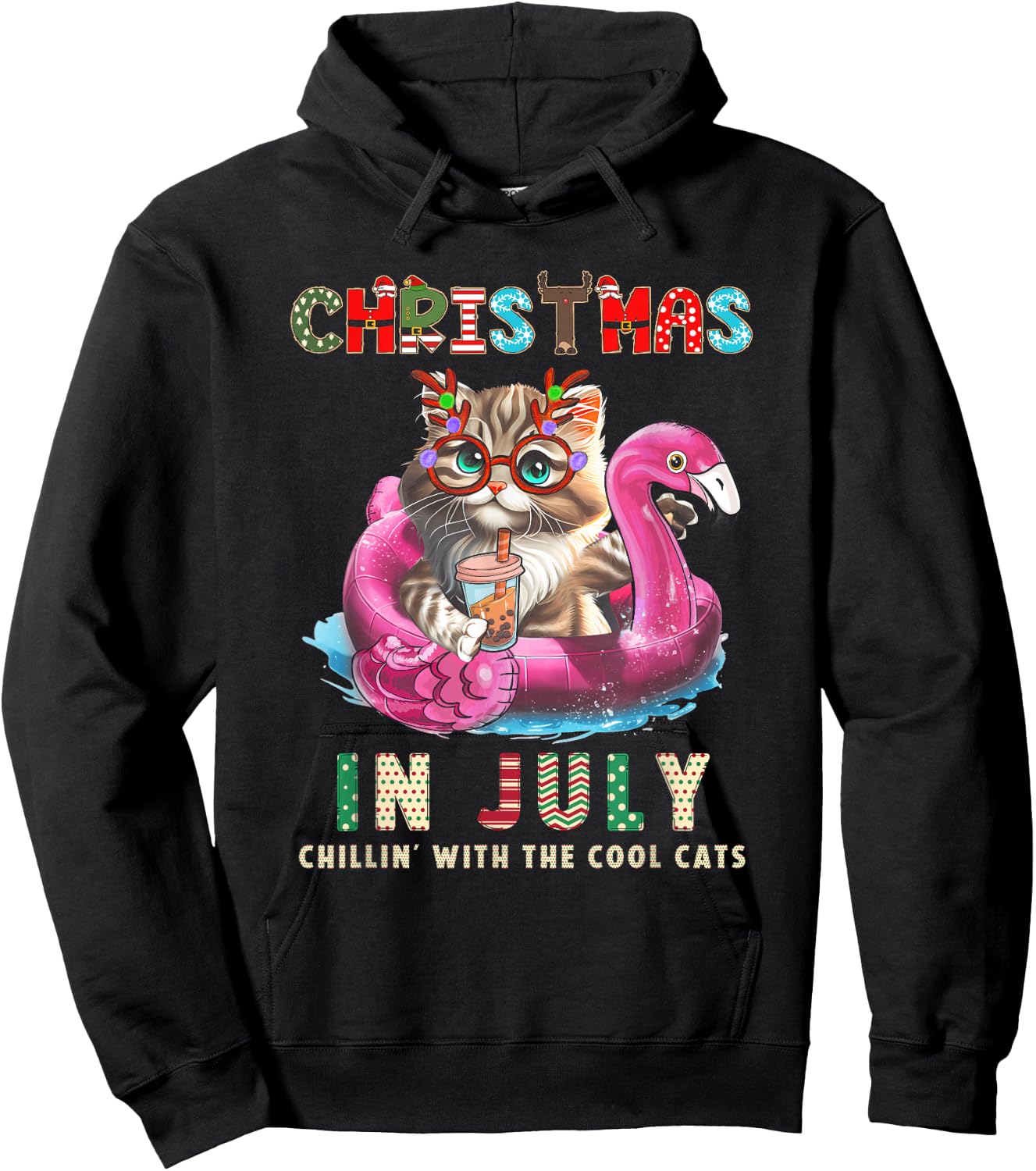 Christmas In July Chillin Cats Flamingo Float Meowy Xmas Hoodie - Hoodie | Black