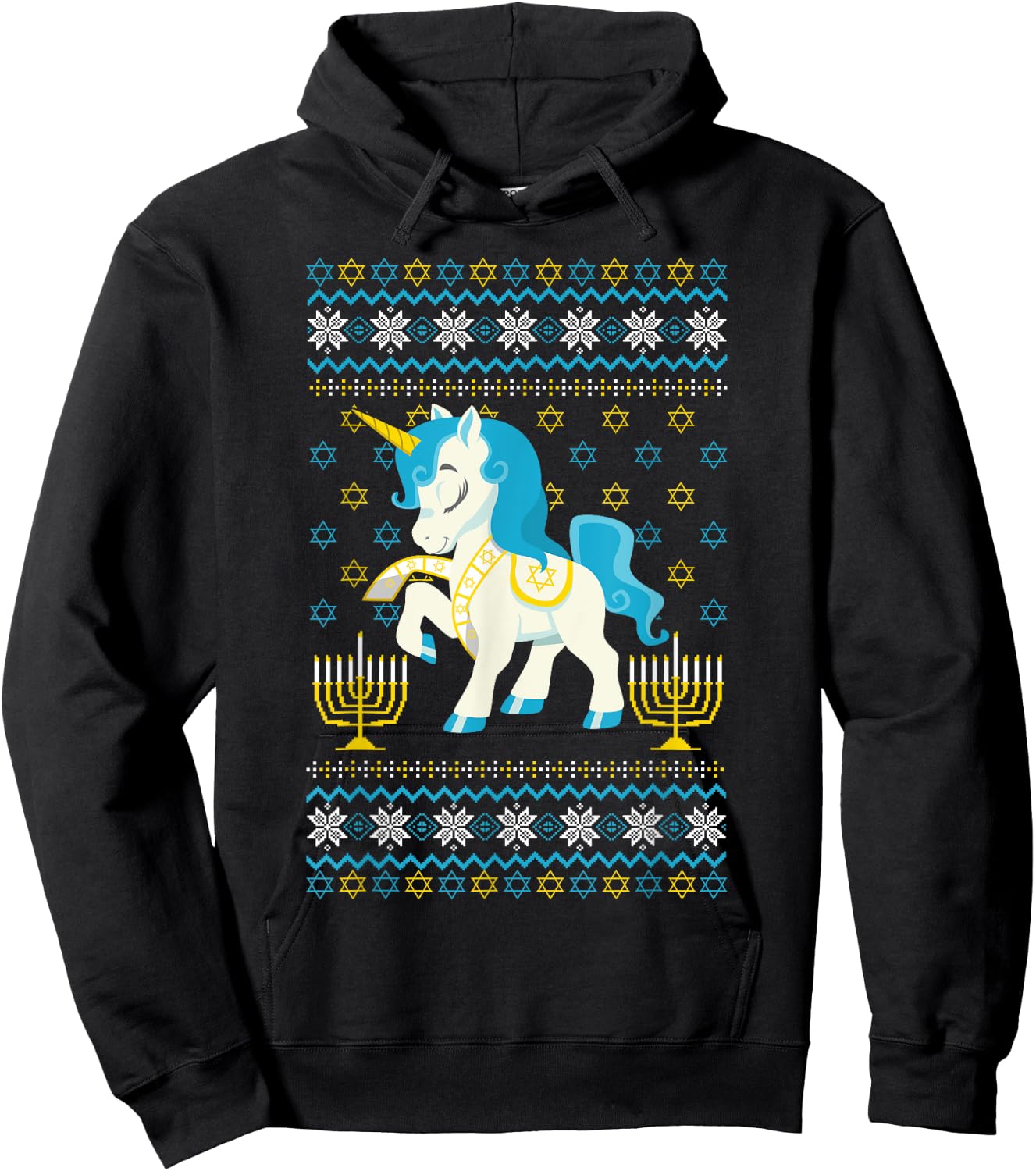 Ugly Hanukkah Sweater Unicorn Jewish Star Christmas Menorah Hoodie - Hoodie | Black
