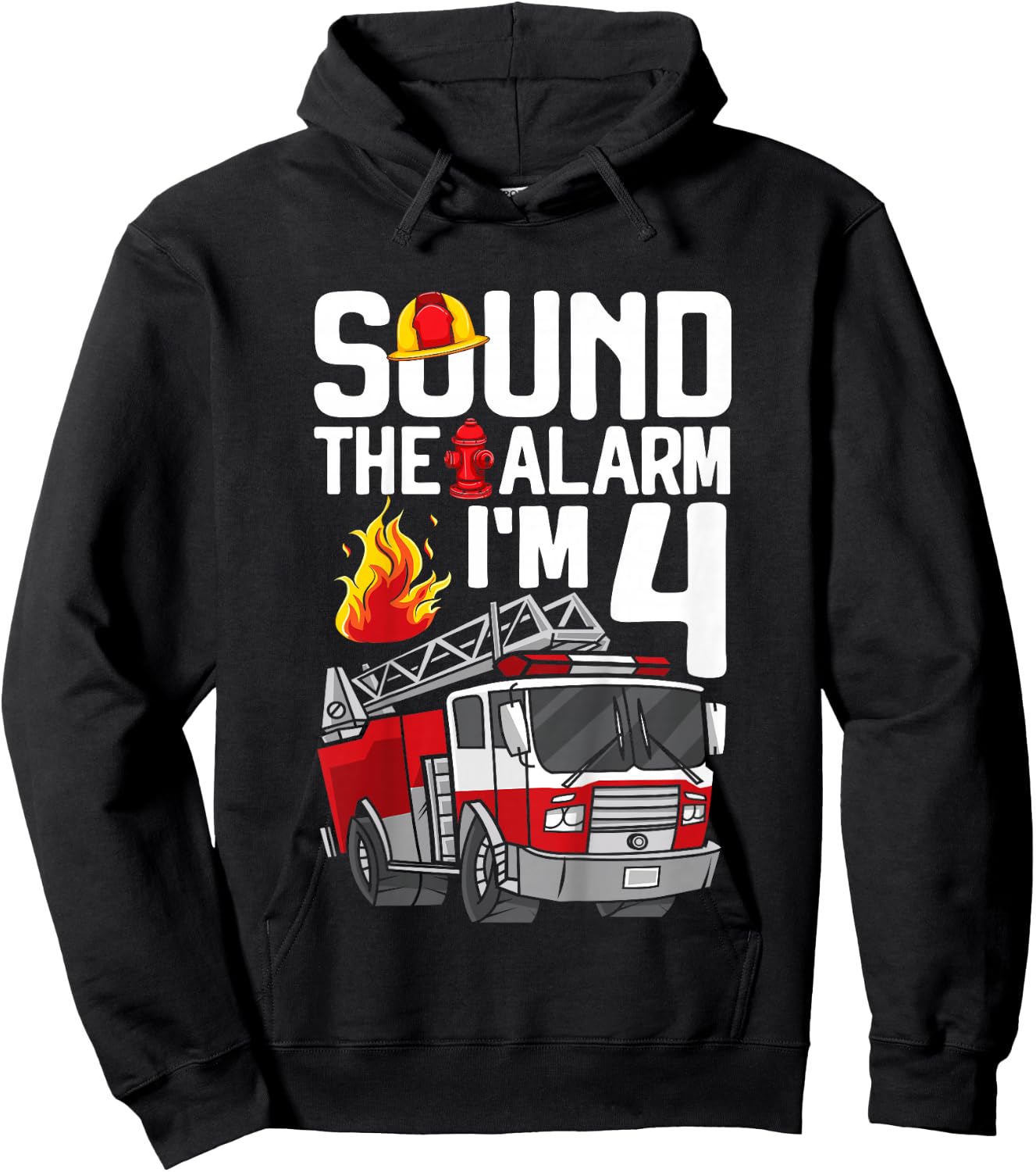 Kids 4 Year Old Firefighter 4th Birthday Boy Fire Truck 4yr Hoodie - Hoodie | Black