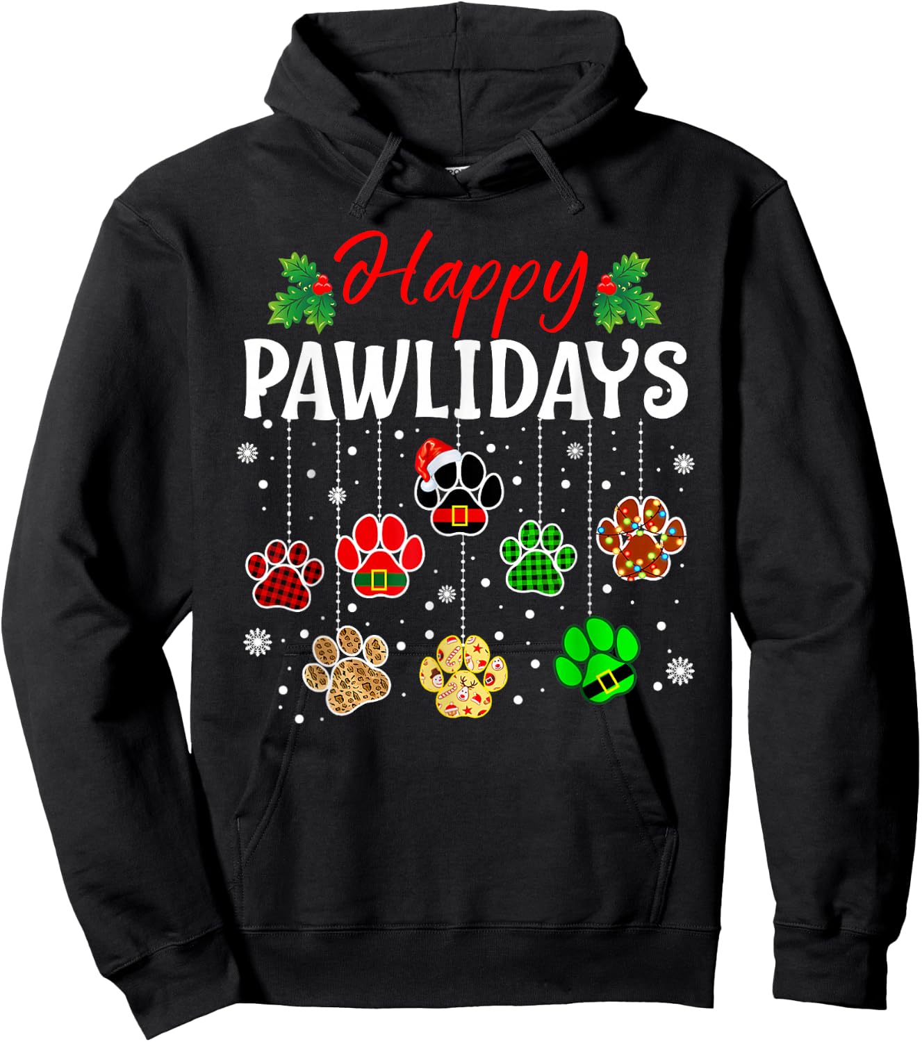 Happy Pawlidays Funny Christmas Dog Paw Xmas Dogs Lover Gift Hoodie - Hoodie | Black