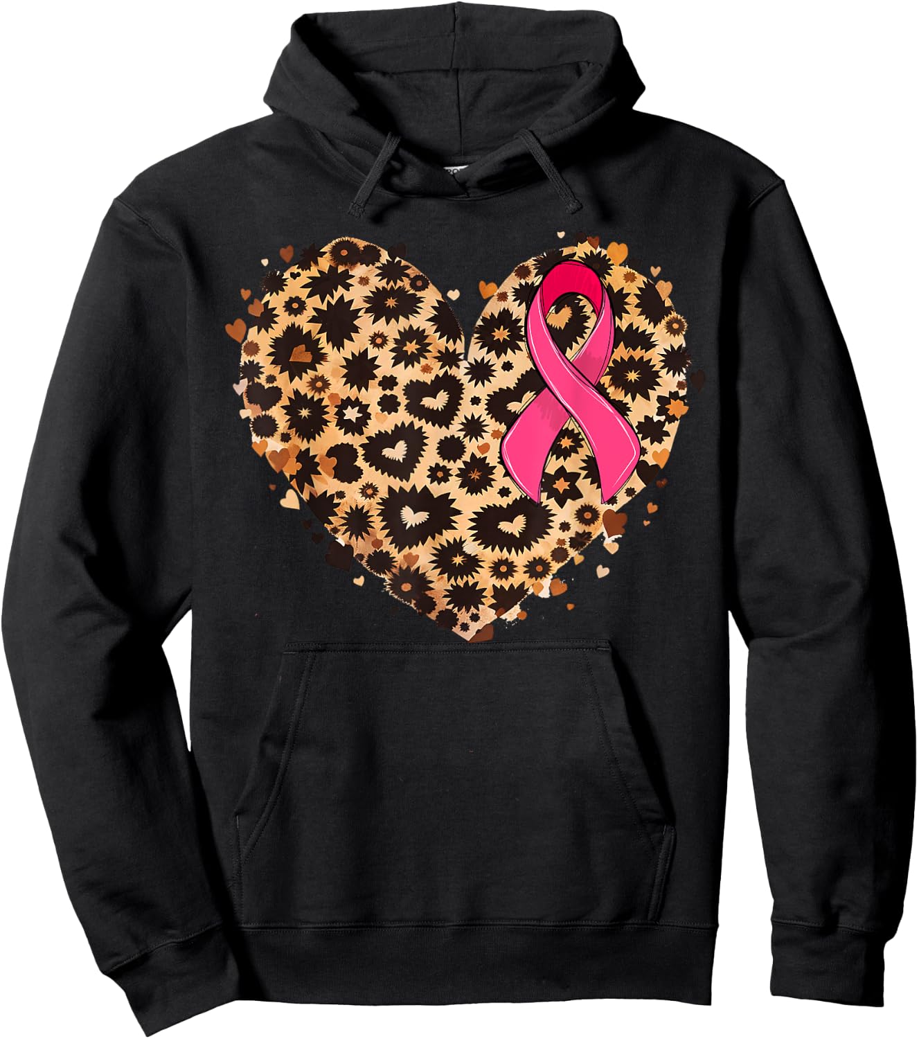 Breast cancer Pink ribbon Cheetah Leopard Heart Print Hoodie - Hoodie | Black