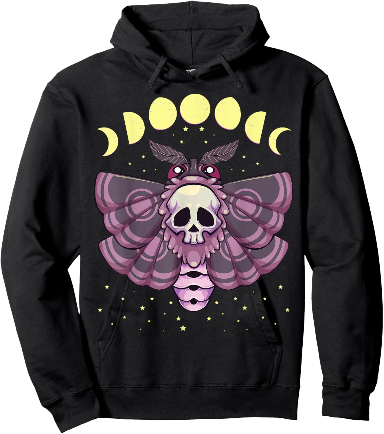 Pastel Goth Kawaii Anime Creepy Moth with Moon Phase Hoodie - Hoodie | Black