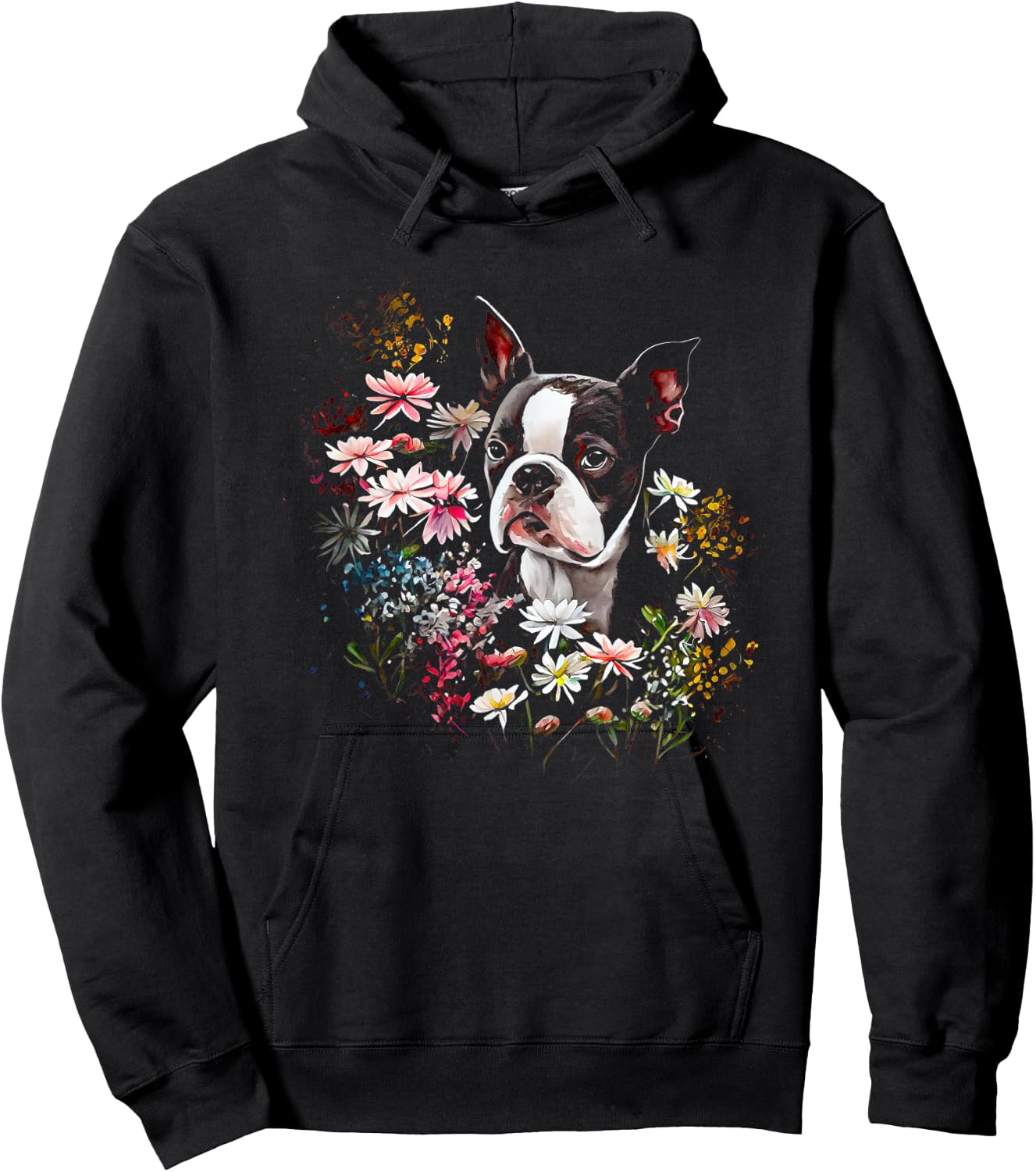 Watercolor Boston Terrier with flowers - Bostie Hoodie - Hoodie | Black