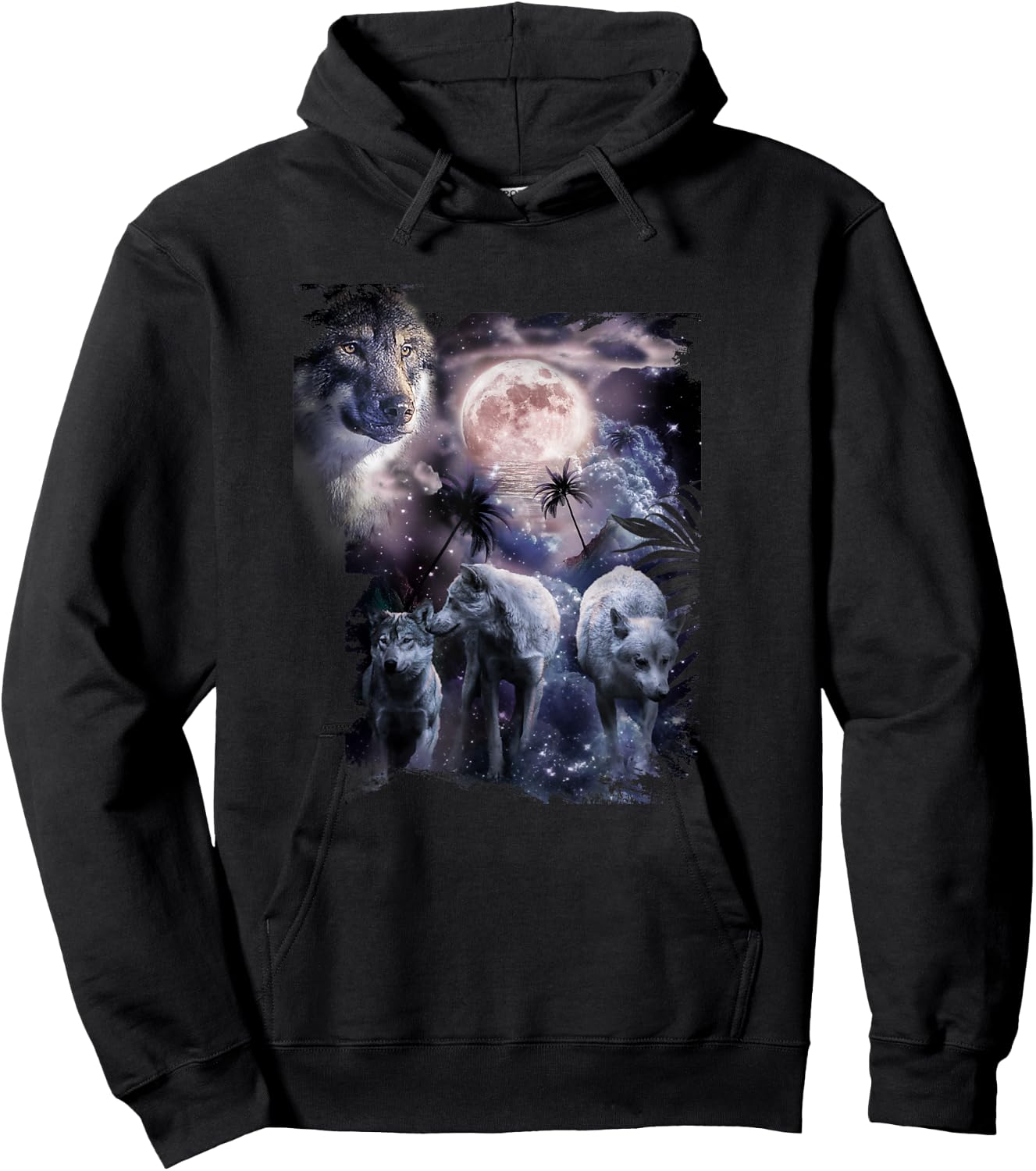 Tropical Wolves, Wolf Howling At Moon, Moonrise Hoodie - Hoodie | Black