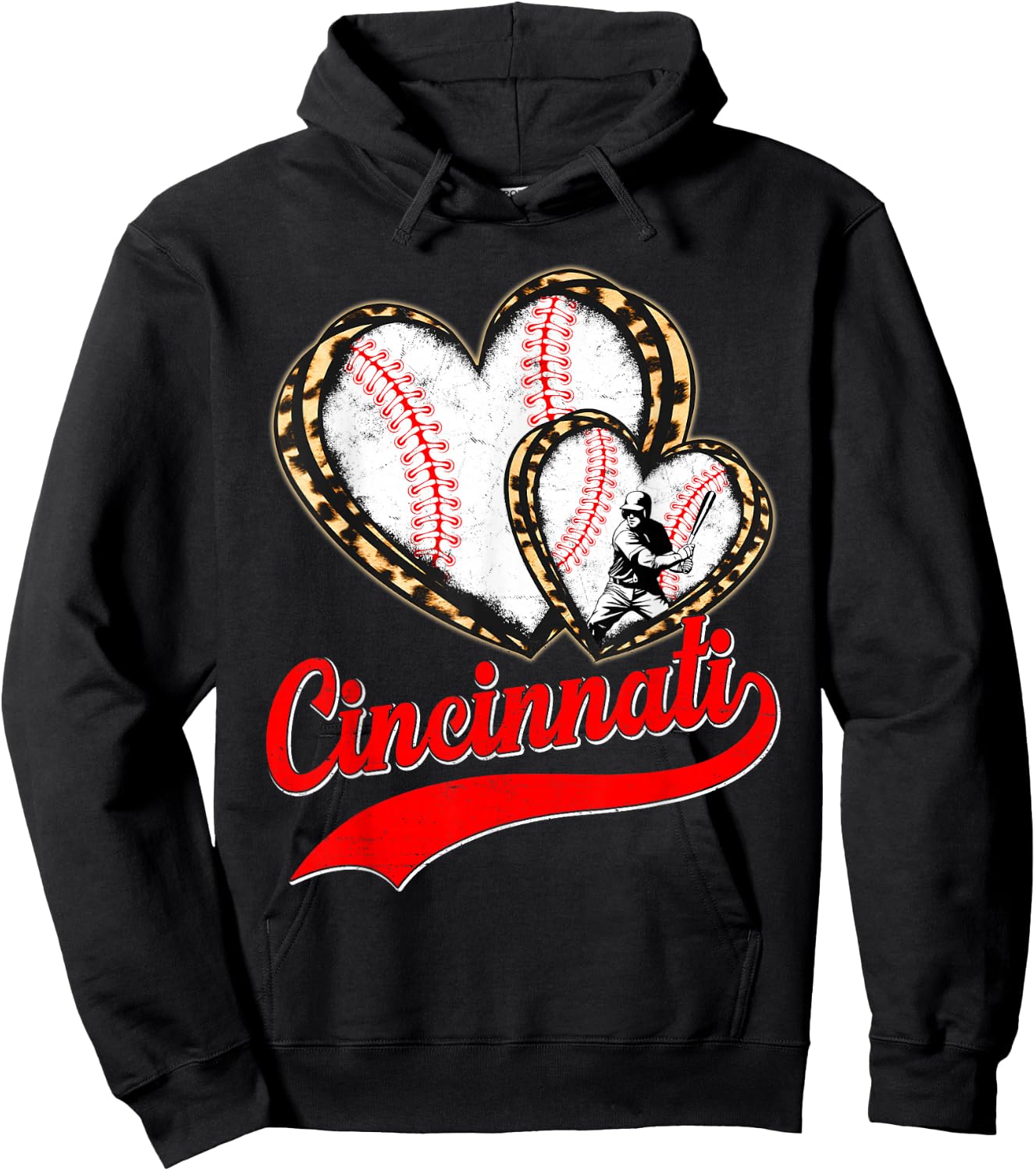 Vintage Cincinnati Baseball Leopard Heart Baseball Fans Hoodie - Hoodie | Black