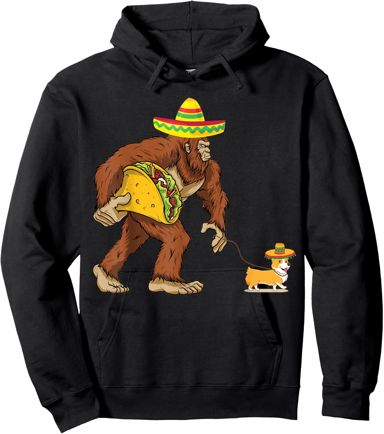 Bigfoot Steal Taco Corgi Dog Sombrero Cinco de Mayo Graphic Men Women Kids Hoodie - Hoodie | Black