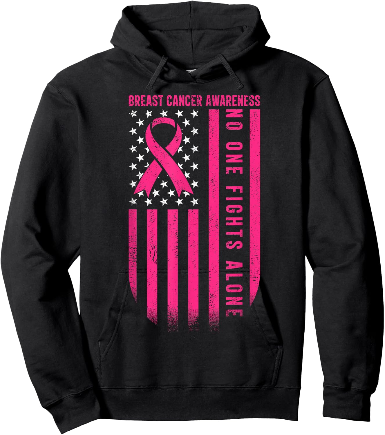 No One Fights Breast Cancer Alone American Flag Pink Ribbon Hoodie - Hoodie | Black