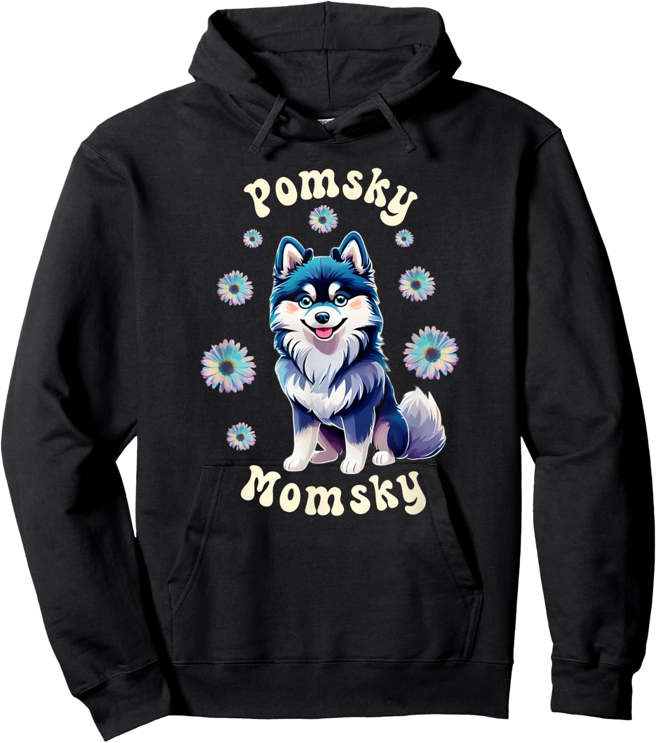 Cute Pomsky Momsky Mom Teal White Dog Retro Flowers Vintage Hoodie - Hoodie | Black