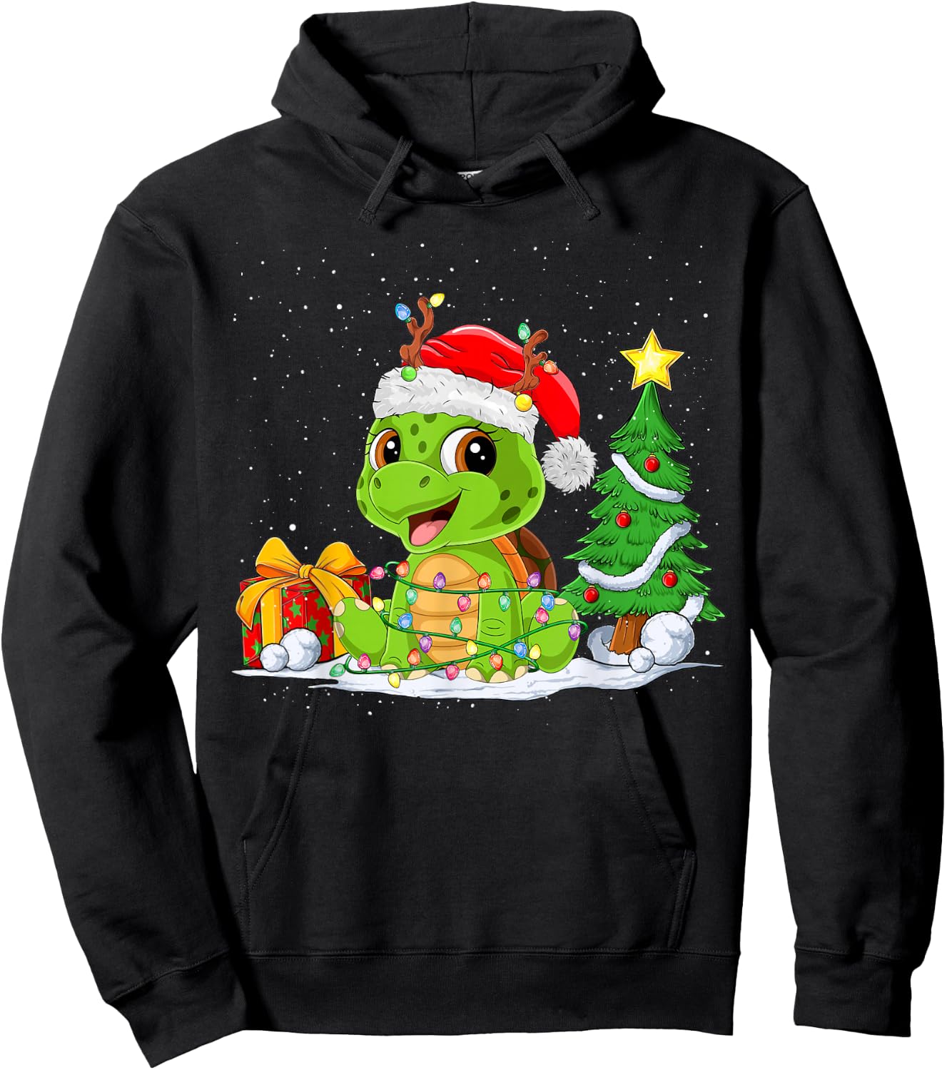 Cute Turtle Santa Christmas Tree Lights Xmas Pajama Turtle Hoodie - Hoodie | Black