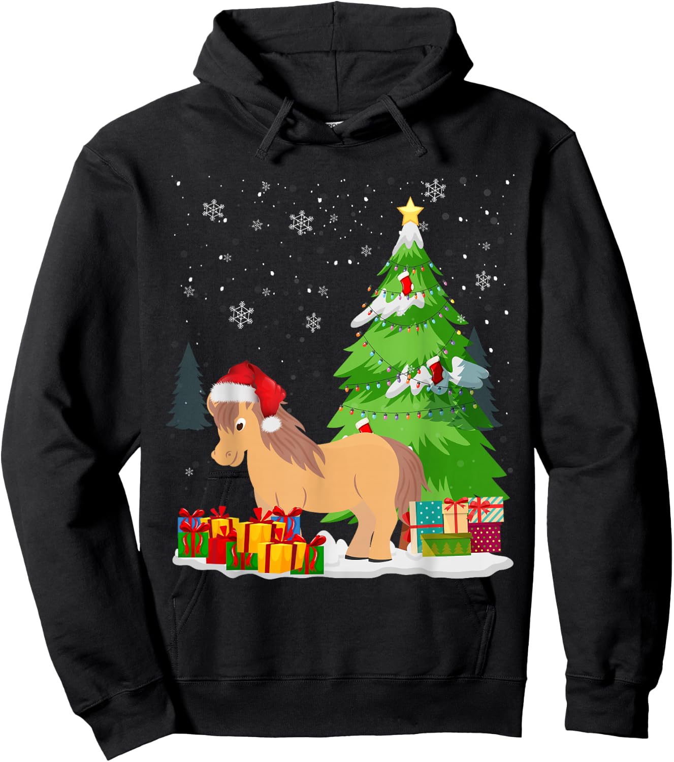 Funny Christmas Miniature Horse Santa Hat Matching Family Hoodie - Hoodie | Black