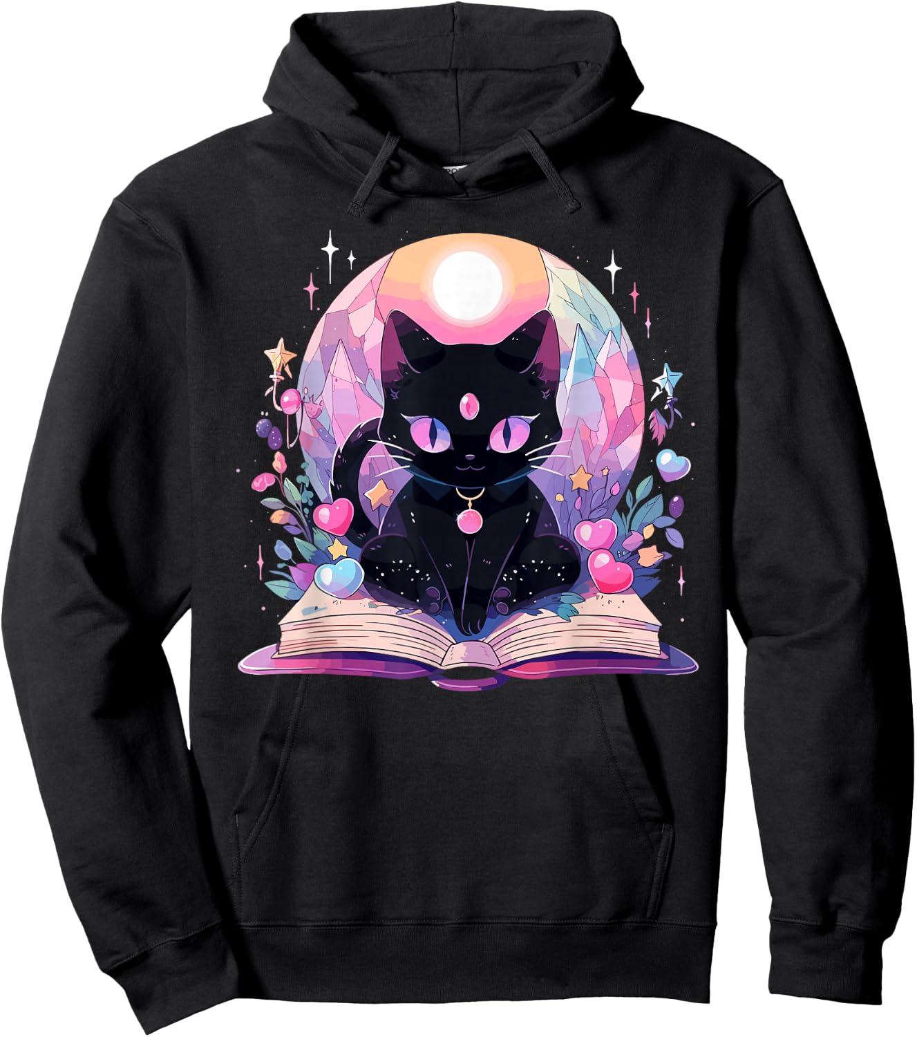 Book Lover Crystal Witchy Cute Black Cat Kawaii Pastel Goth Hoodie - Hoodie | Black