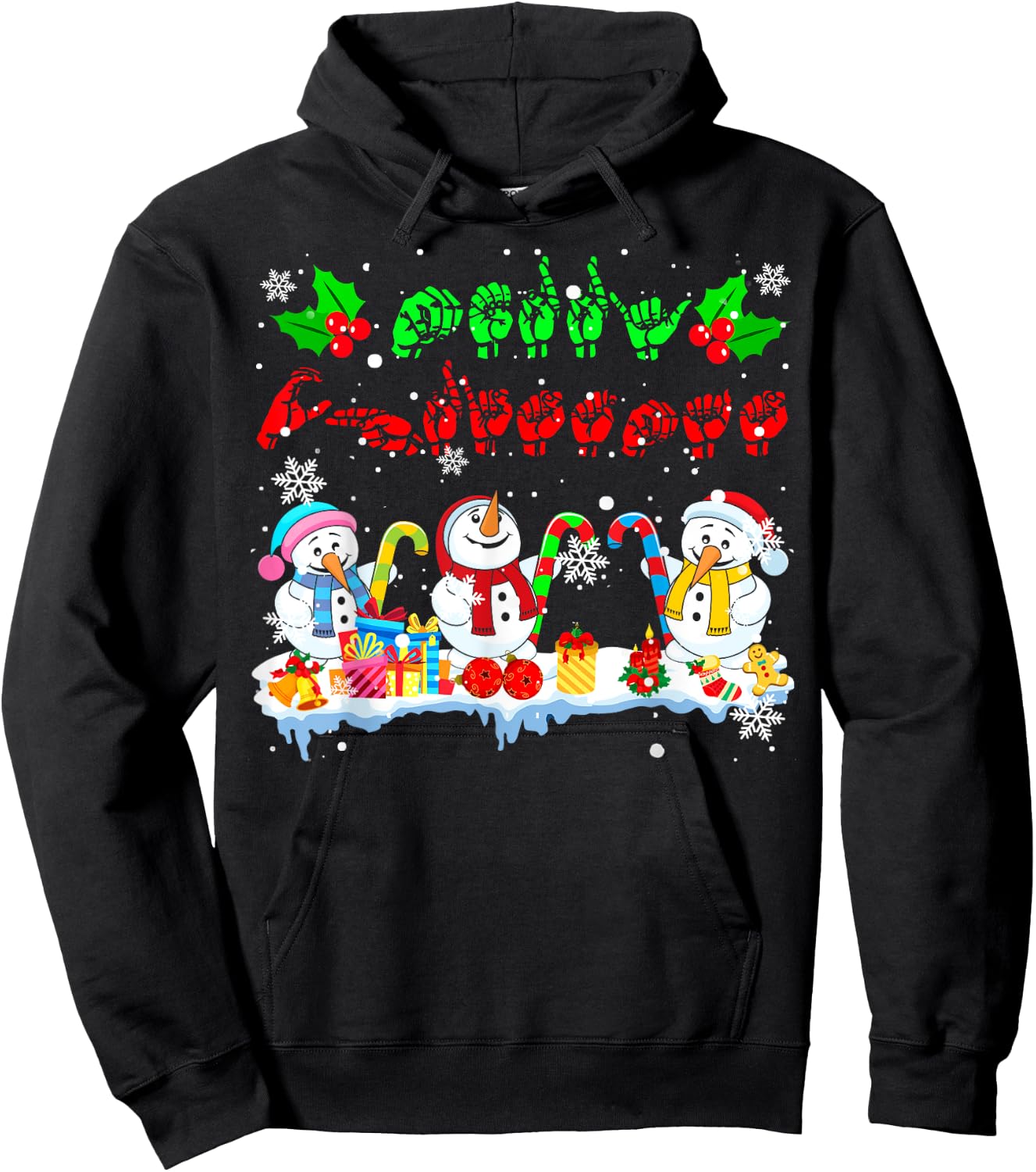 Merry Christmas Cute Three Snowmans ASL Sign Language Family Hoodie - Hoodie | Black