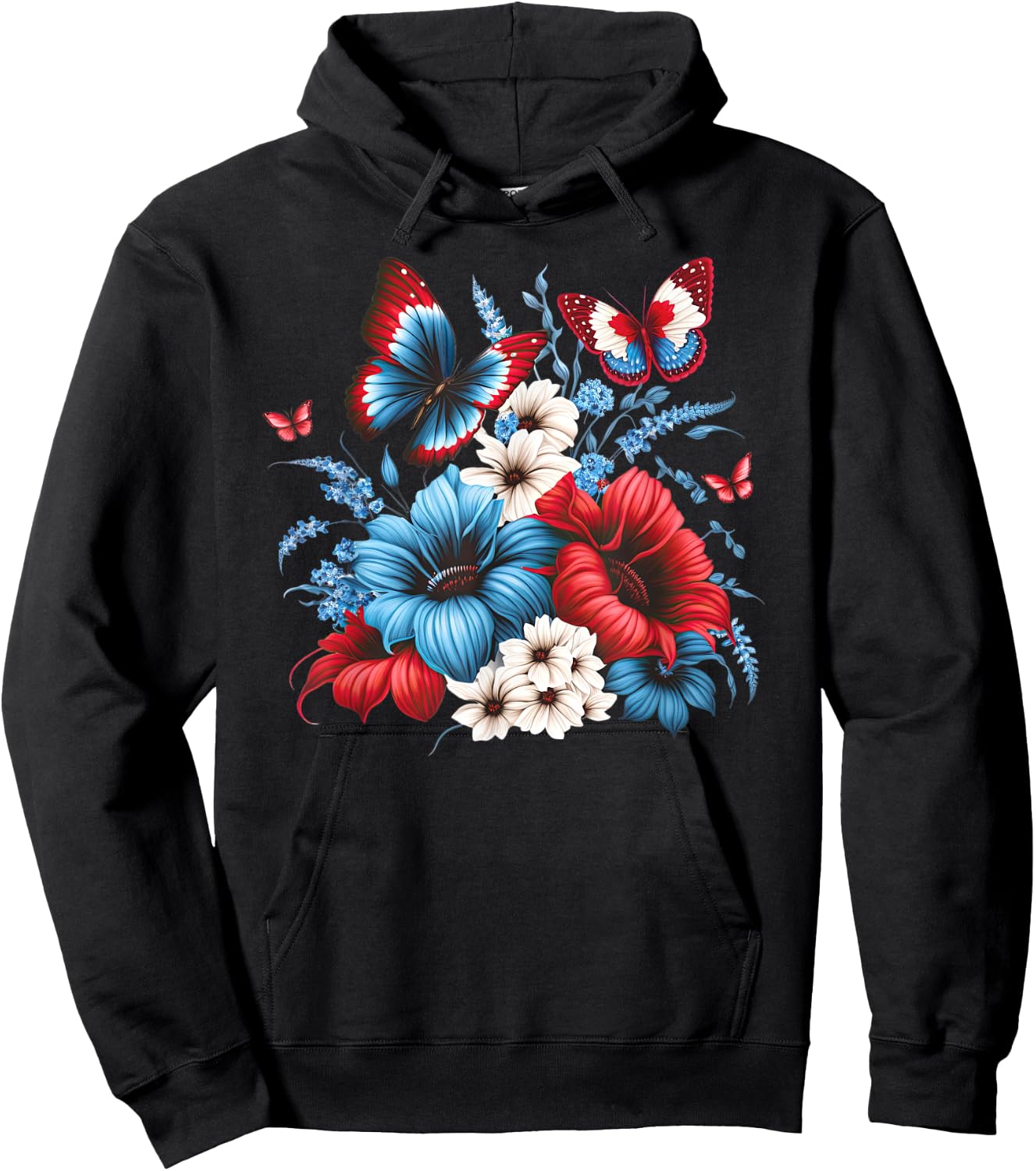Butterfly Flowers - Red White and Blue 4th of July Patriotic Hoodie - Hoodie | Black