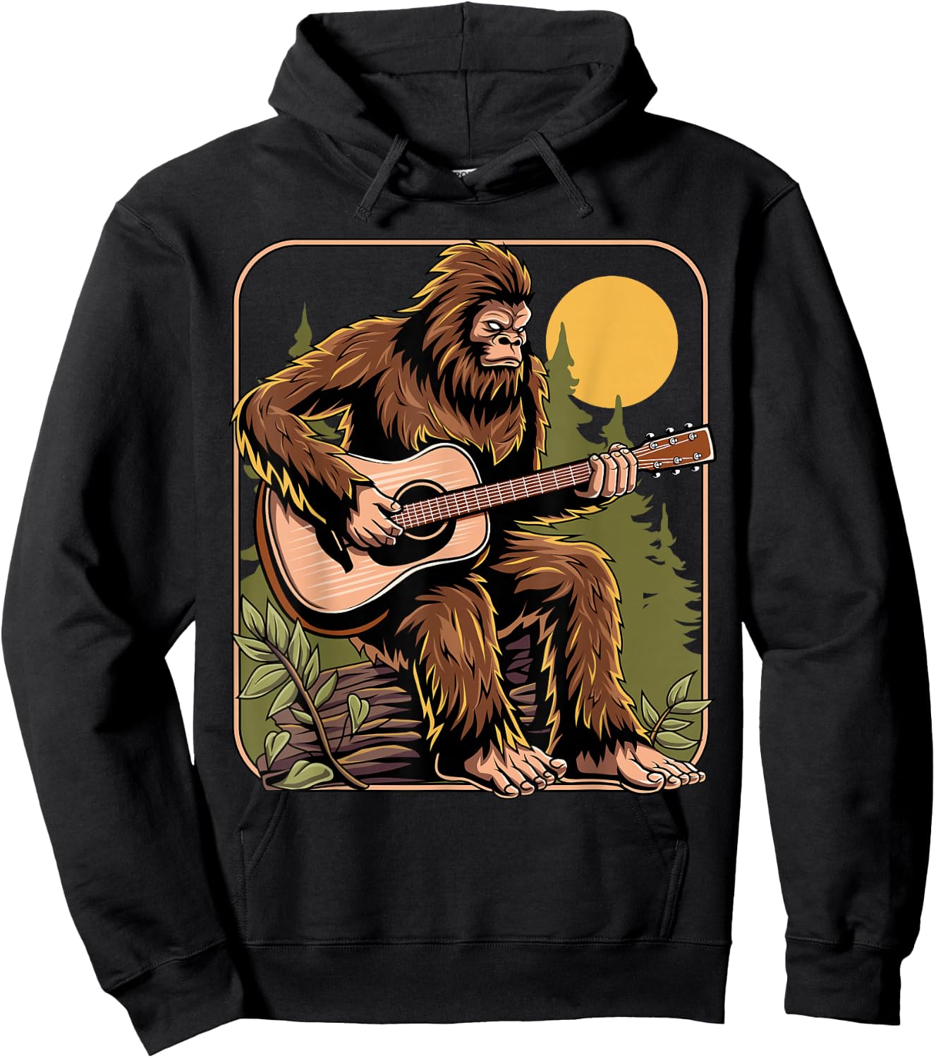 Retro Bigfoot Sasquatch Playing Acoustic Guitar Guitarist Hoodie - Hoodie | Black