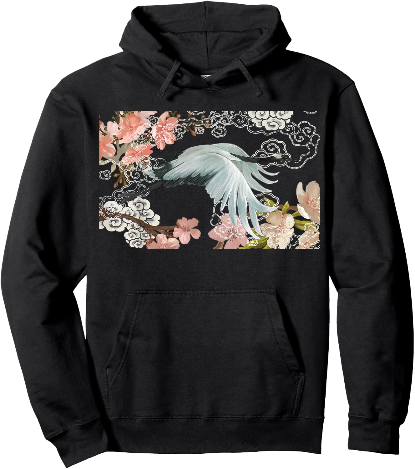 flying white Sandhill Crane Bird Japanese style art Lover Hoodie - Hoodie | Black