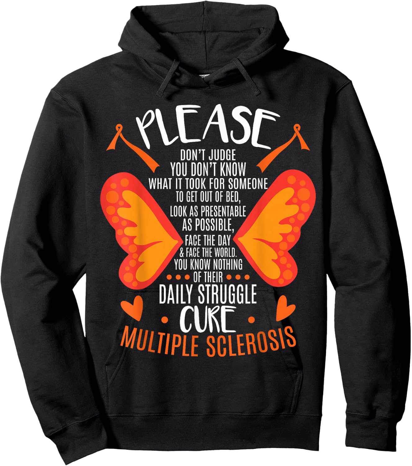 MS Multiple Sclerosis Awareness Orange Ribbon MS Awareness - -Adults - Black - Short Sleeve - Small - Classic Fit - Cotton 60%, Polyester 40% Hoodie - Hoodie | Black