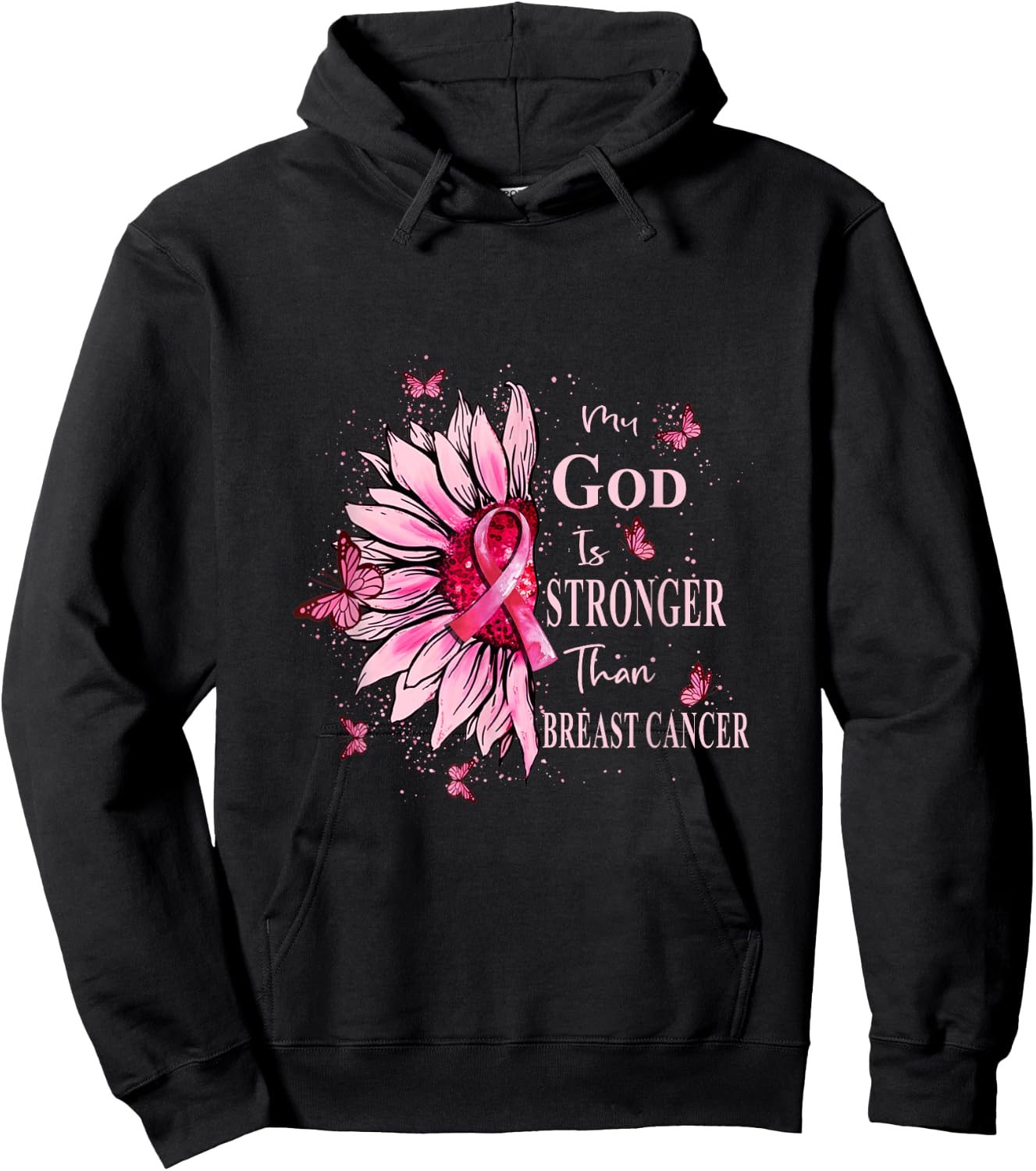 My God Is Stronger Than Breast Cancer Awareness Christian Hoodie - Hoodie | Black