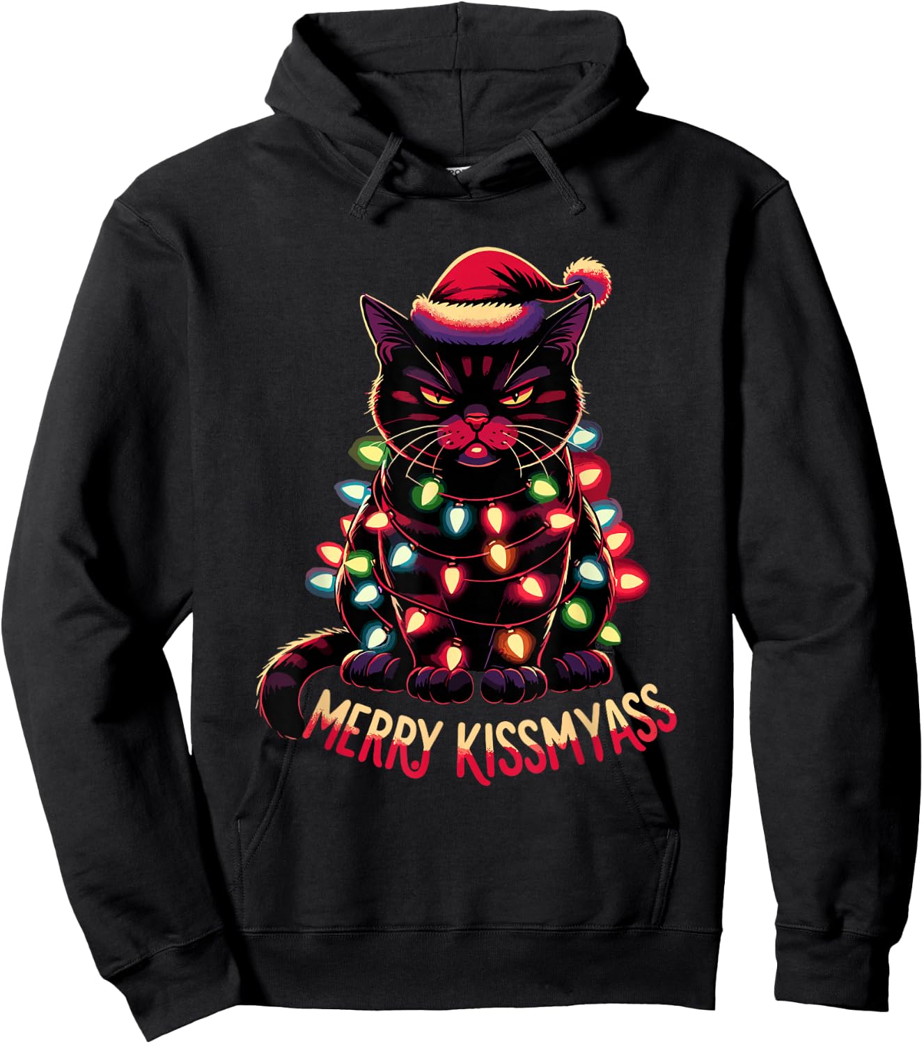 Merry Kissmyass Funny Black Cat Christmas Lights Santa Hat Hoodie - Hoodie | Black
