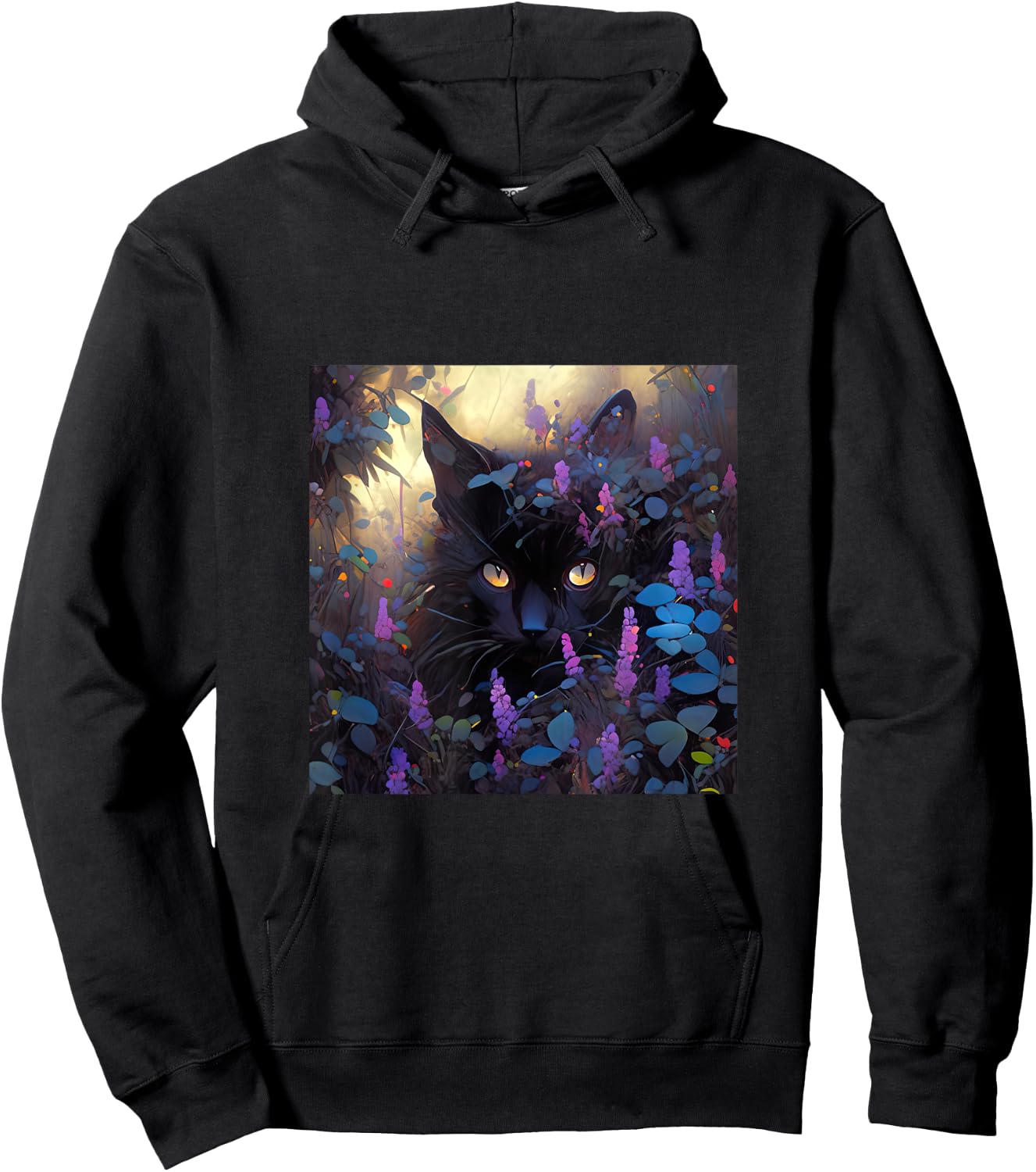Black Adorable Cat Purple Spring Flowers Women Hoodie - Hoodie | Black