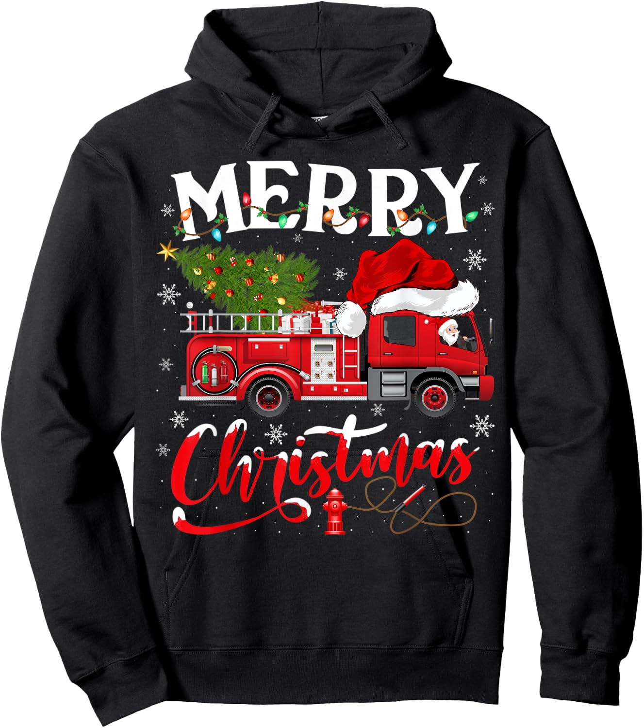 Fire Truck Xmas Tree Fireman Firefighter Merry Christmas Hoodie - Hoodie | Black