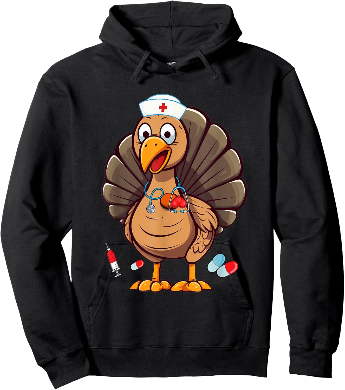 Turkey Nurse Stethoscope Thanksgiving Fall Scrub Top Women Hoodie - Hoodie | Black