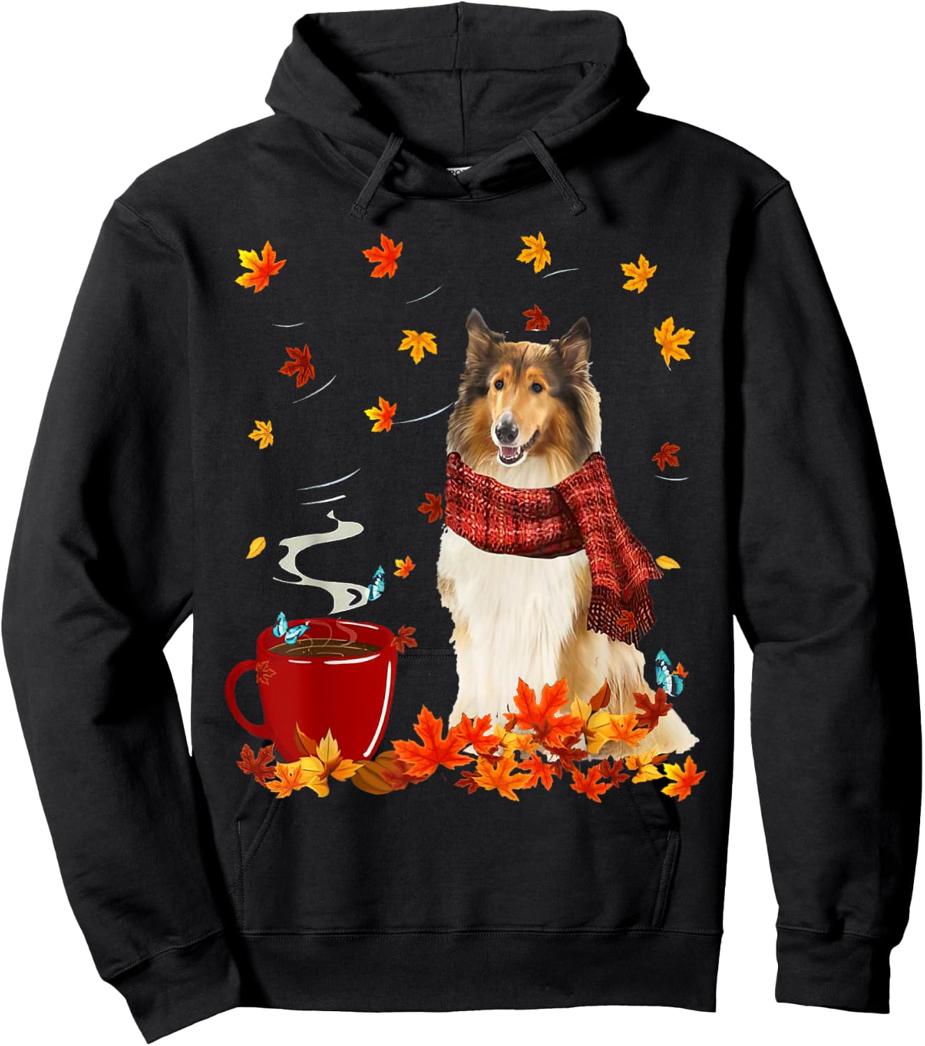 Rough Collie Fall Red Scarf Autumn Leaf For Dog Lover Hoodie - Hoodie | Black