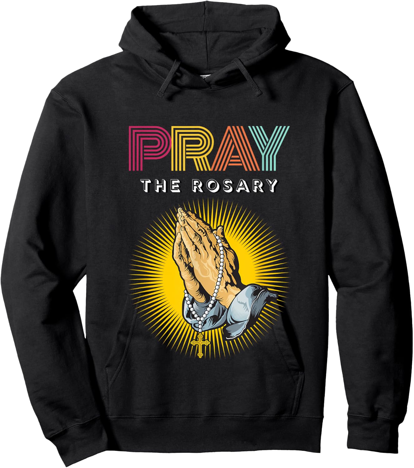 Pray the Rosary. Retro Typography Praying Hands with Rosary Hoodie - Hoodie | Black