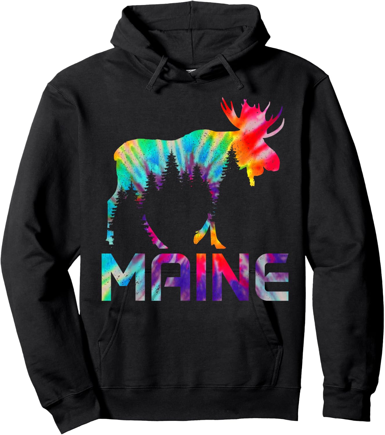 Maine Vintage Tie Dye Souvenir Elk Hoodie - Hoodie | Black