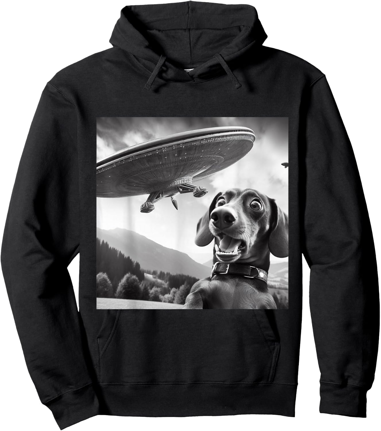 Wiener Dog Selfie With UFOs - Funny Flying Alien Dachshund Hoodie - Hoodie | Black