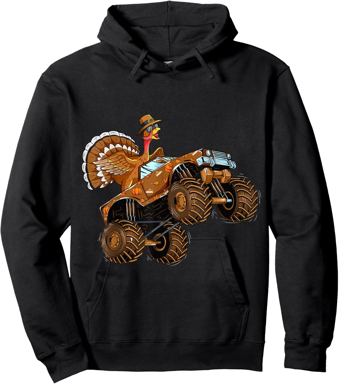 Thanksgiving Turkey Riding Monster Truck For Boys Girls Kids Hoodie - Hoodie | Black