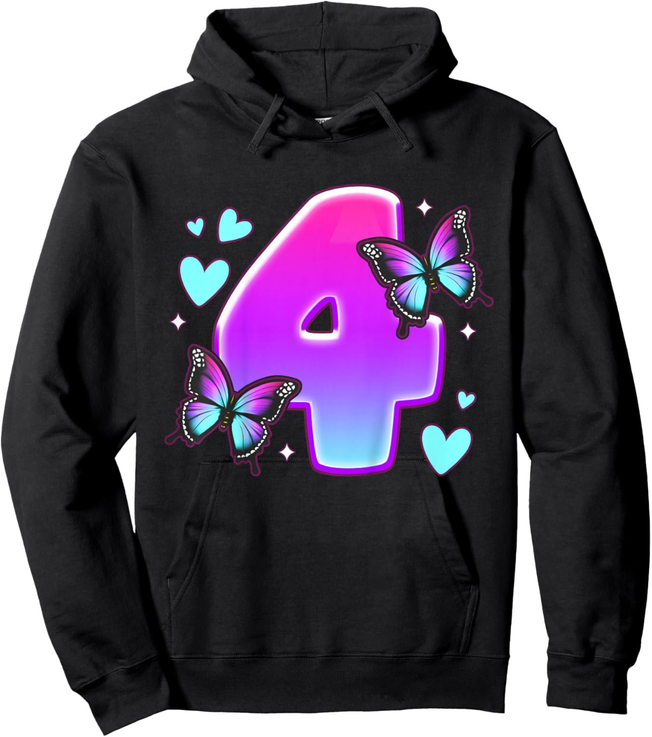Birthday Girl 4 years, Butterflies and Number 4 Hoodie - Hoodie | Black