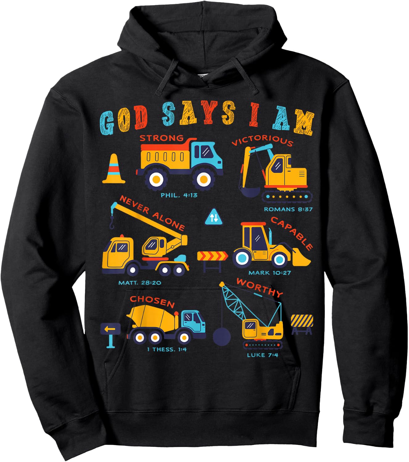 Toddler Kids God Says I Am Construction Bible Verse Truck Hoodie - Hoodie | Black