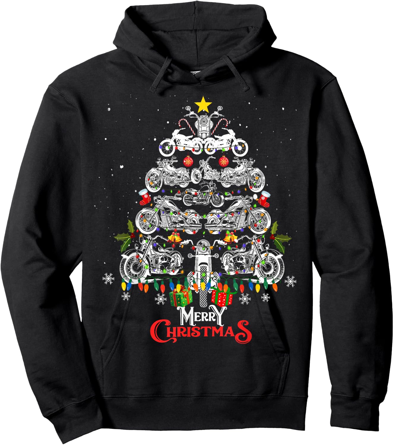 Merry Christmas Motorcycle Tree Christmas Lights Biker Xmas Hoodie - Hoodie | Black