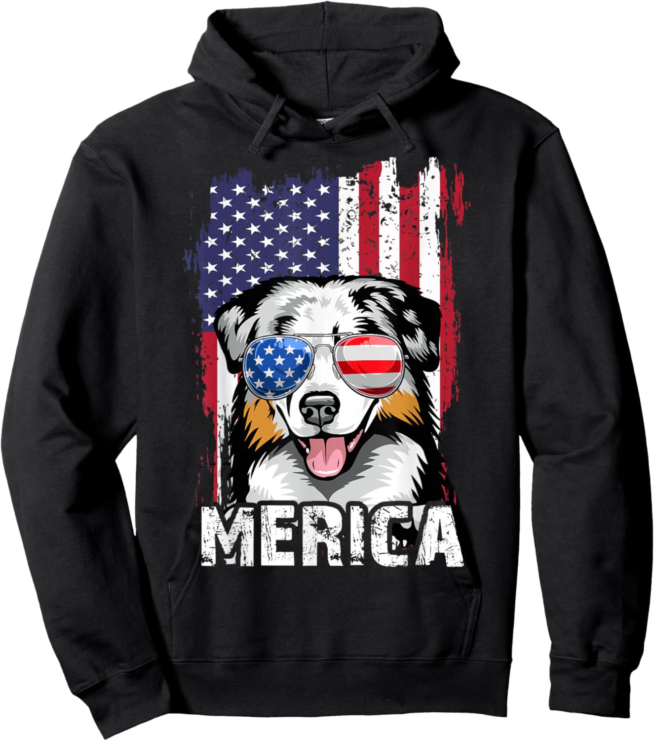 Australian Shepherd 4th of July Merica USA Flag Aussie Dog Hoodie - Hoodie | Black