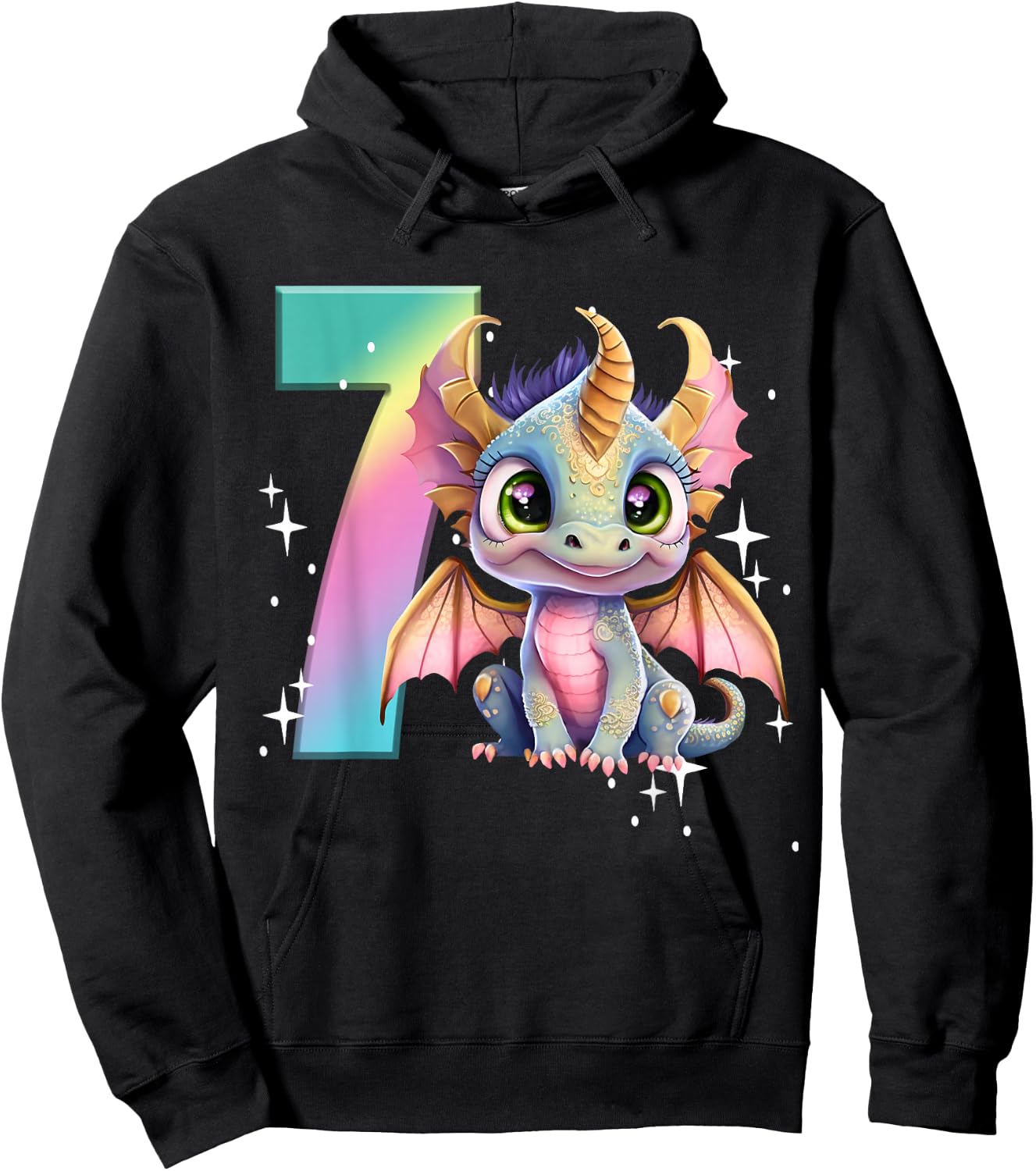 7th Birthday Shirt Dragon Party Rainbow Girl Dragon Seven 7 Hoodie - Hoodie | Black