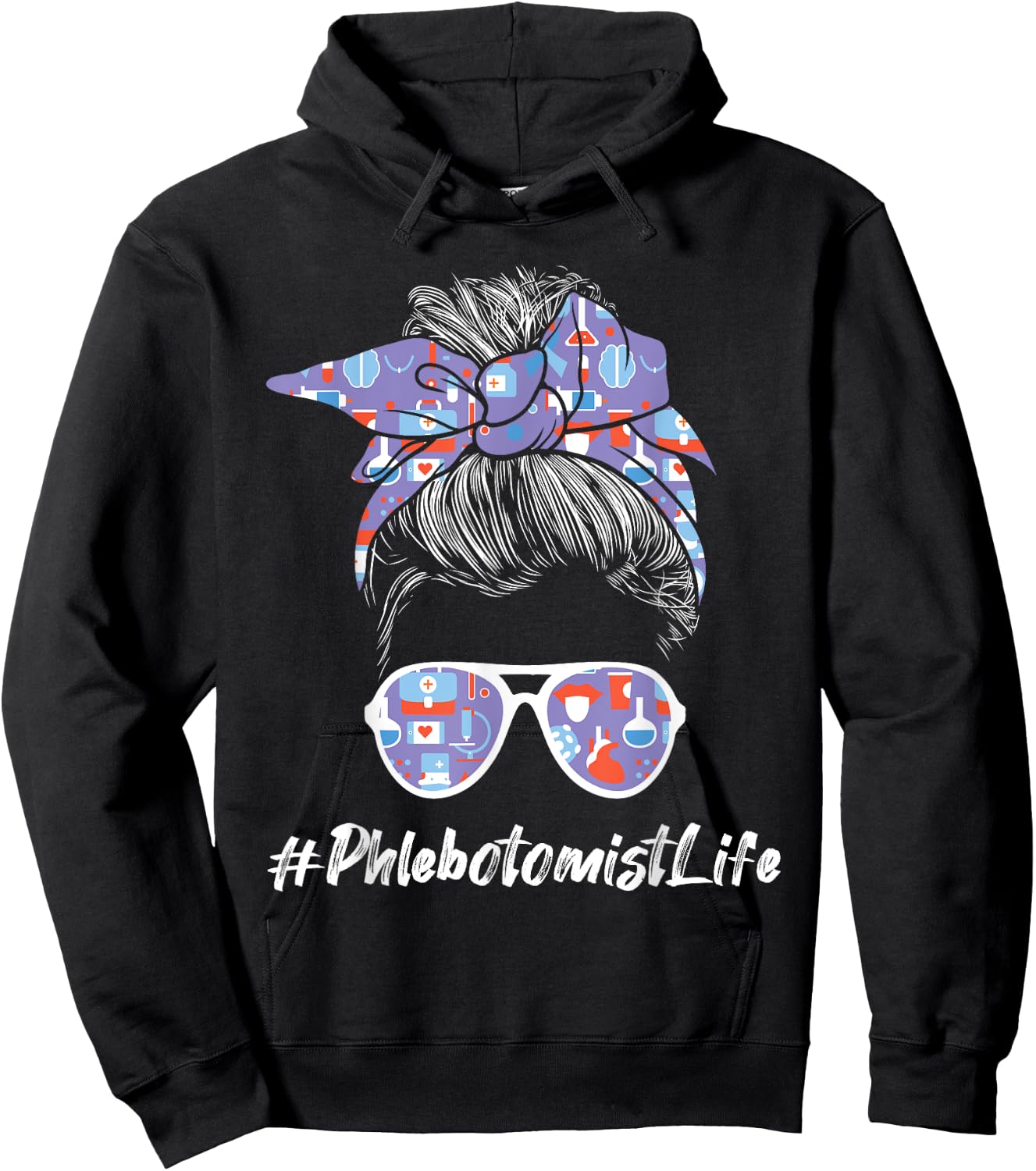 Phlebotomist Life - Woman Messy Hair Phlebotomy Technician Hoodie - Hoodie | Black