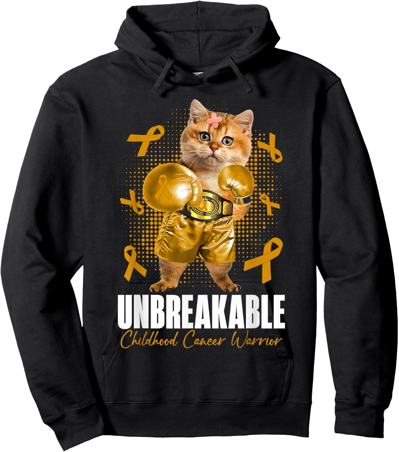 Unbreakable Childhood Cancer Awareness Fighter Cat Boxing Hoodie - Hoodie | Black