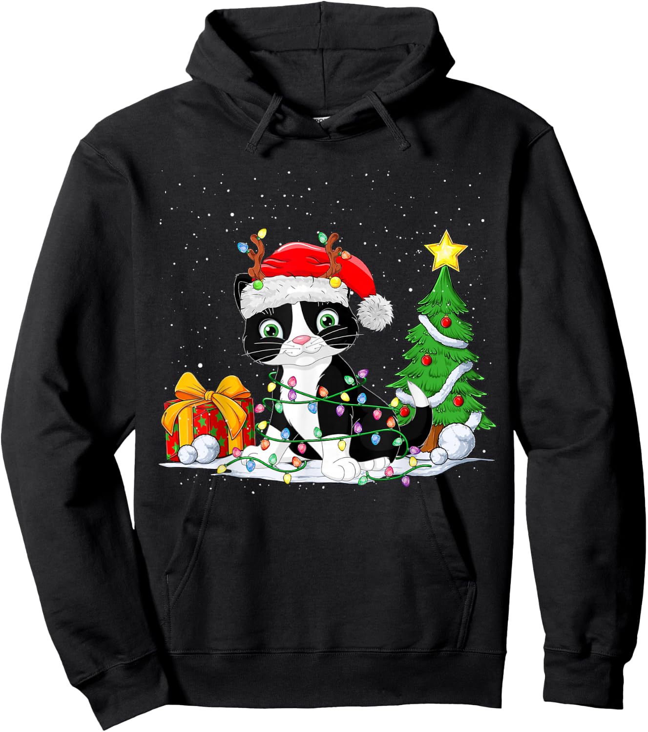 Cute Tuxedo Cat Santa Christmas Tree Lights Xmas Tuxedo Cat Hoodie - Hoodie | Black