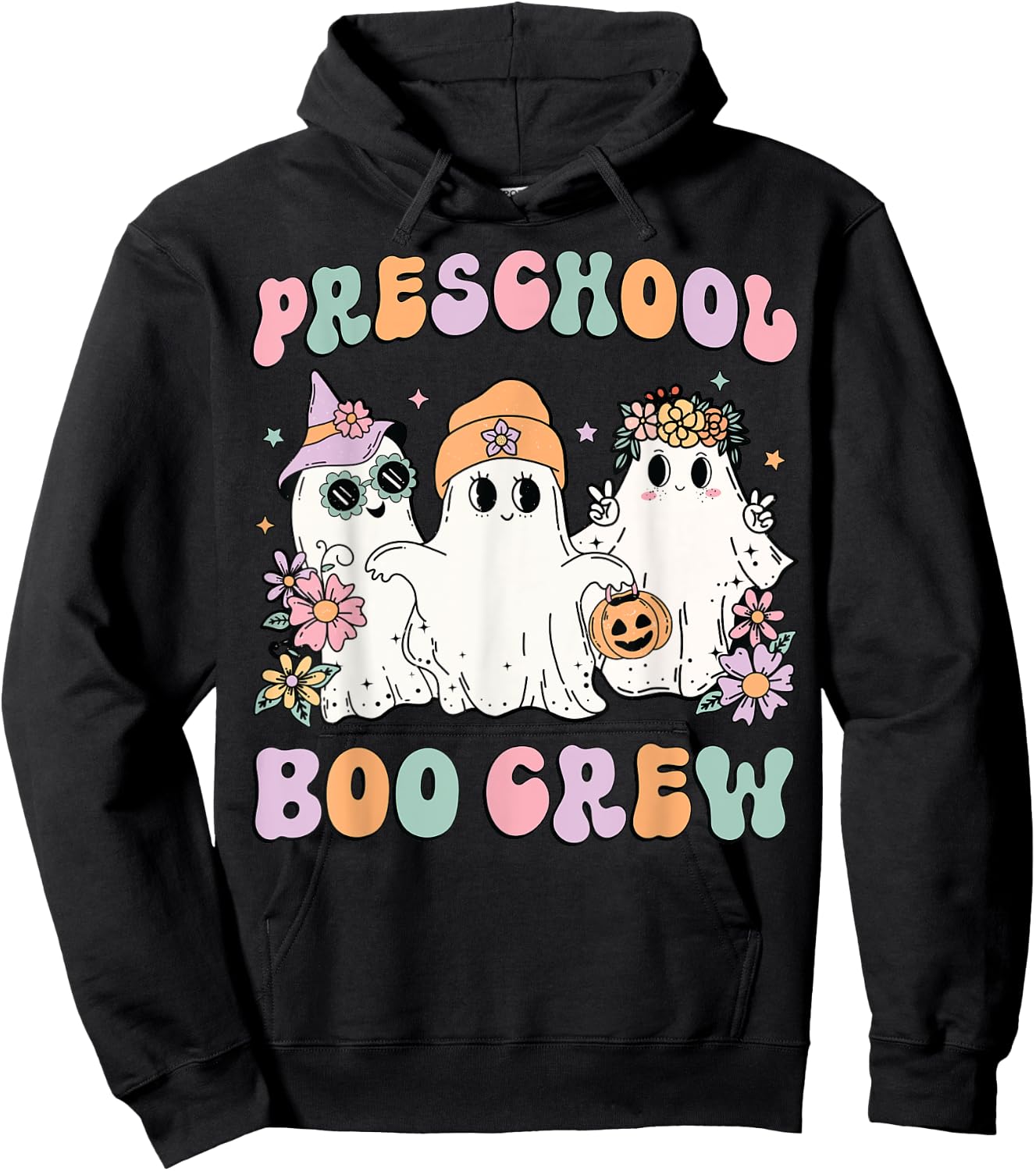 Preschool Boo Crew Groovy Halloween Floral Ghost Teacher Men Women Kids Hoodie - Hoodie | Black