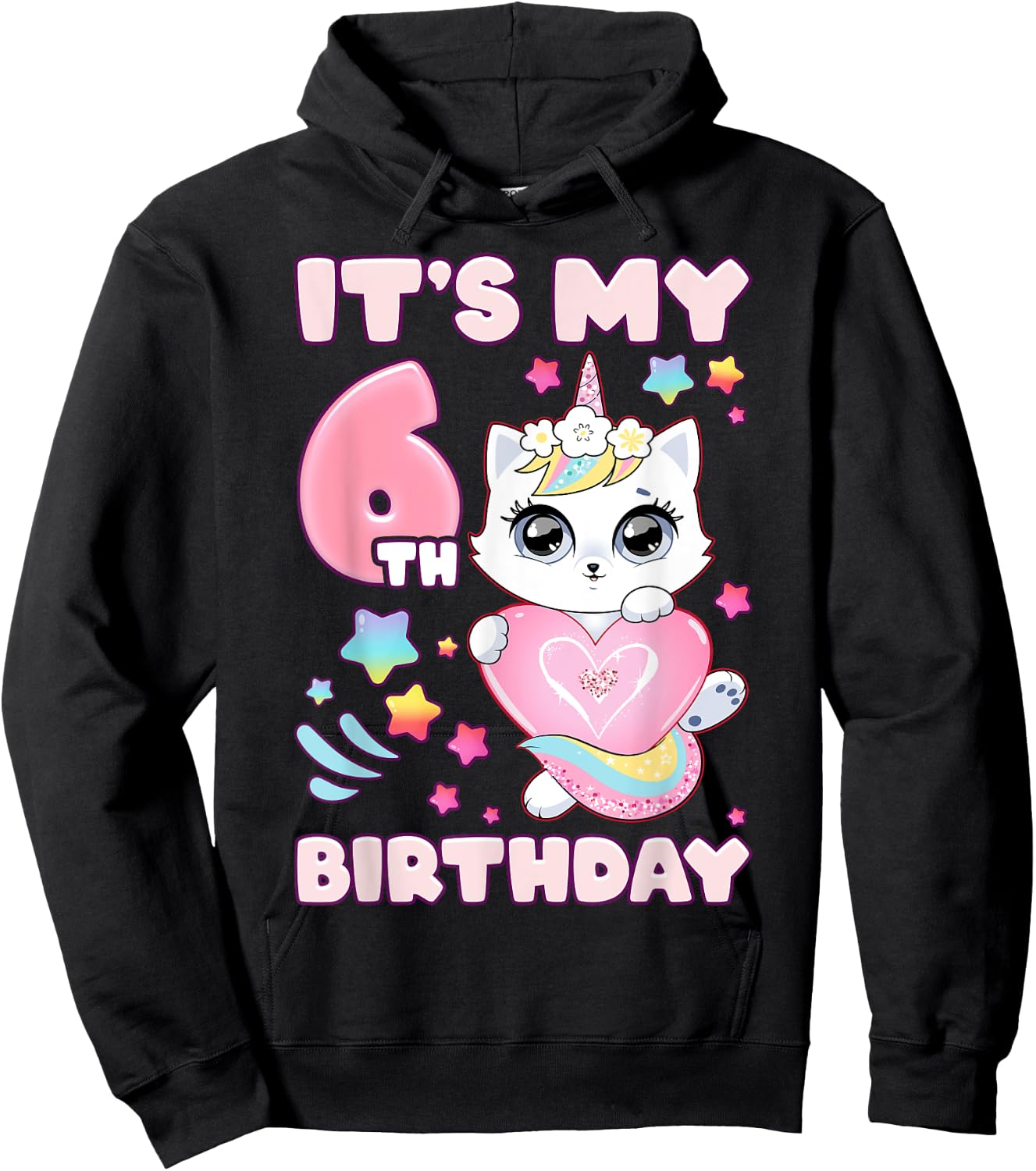 Birthday girl 6 years old, cat, unicorn, 6th birthday Hoodie - Hoodie | Black