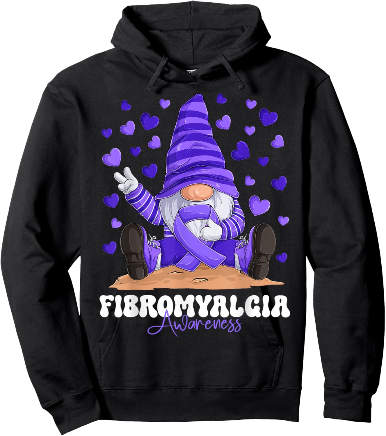 Fibromyalgia Awareness Month Purple Ribbon Gnome Hoodie - Hoodie | Black