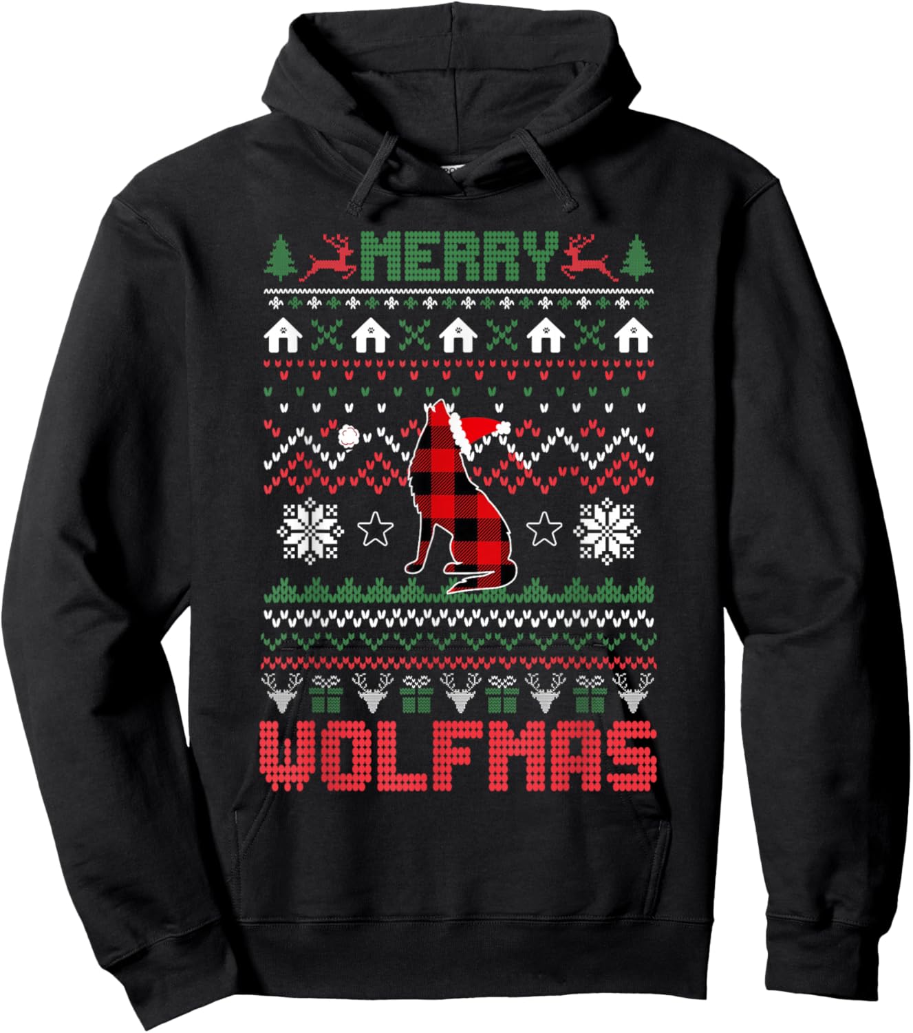 Funny Merry Wolfmas Ugly Christmas Sweater wolf Red Plaid Hoodie - Hoodie | Black