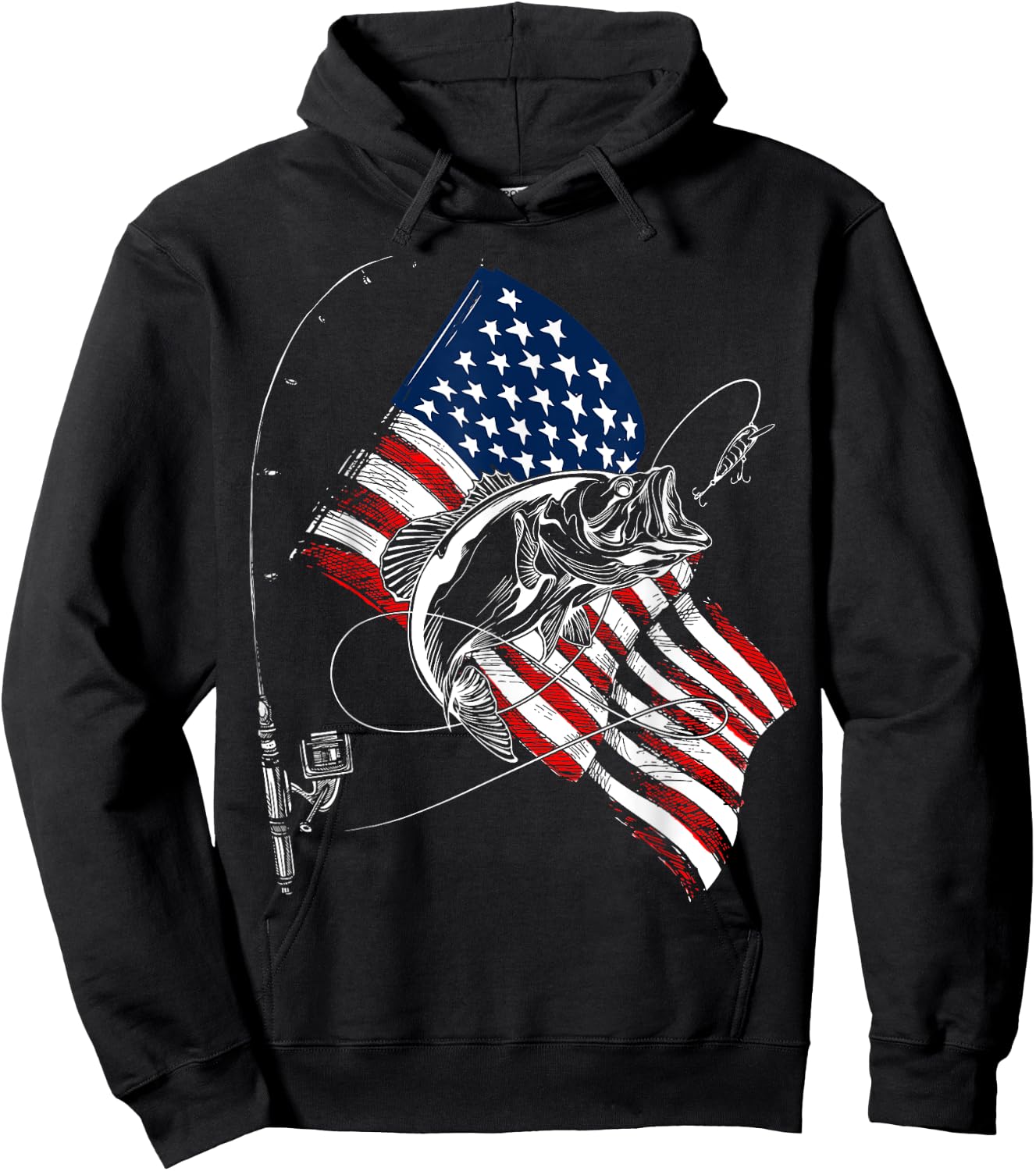 Fishing American Flag 4th Of July Fisherman Bass Hoodie - Hoodie | Black