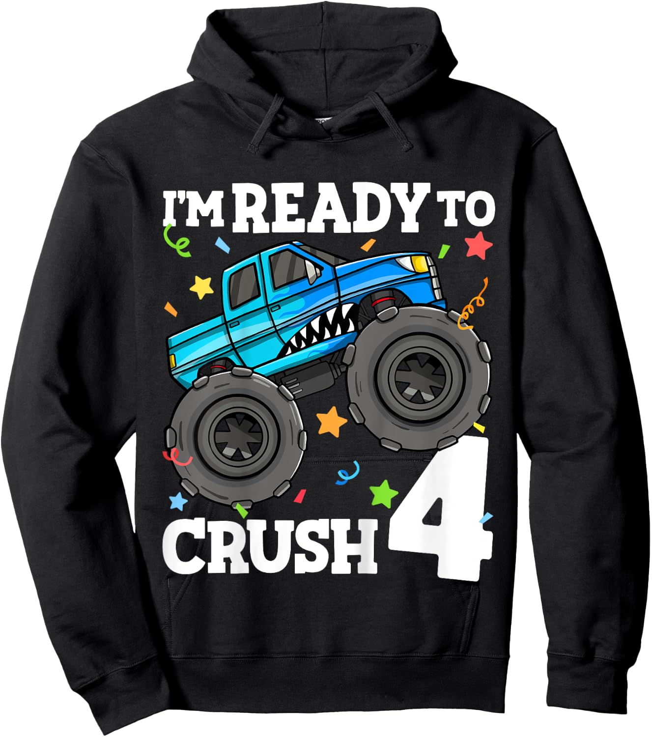 Kids Monster Truck Shark 4th Birthday Boy Toddler 4 Four Year Old Hoodie - Hoodie | Black