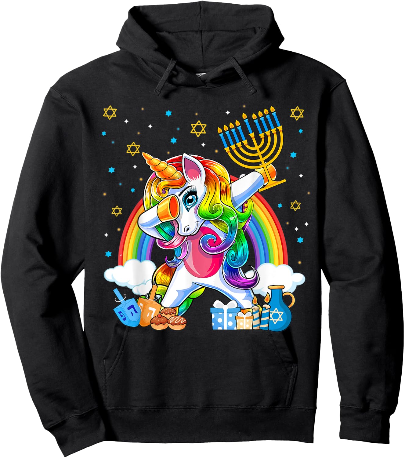 Happy Hanukkah Dabbing Unicorn Girls Chanukah Jewish Hoodie - Hoodie | Black
