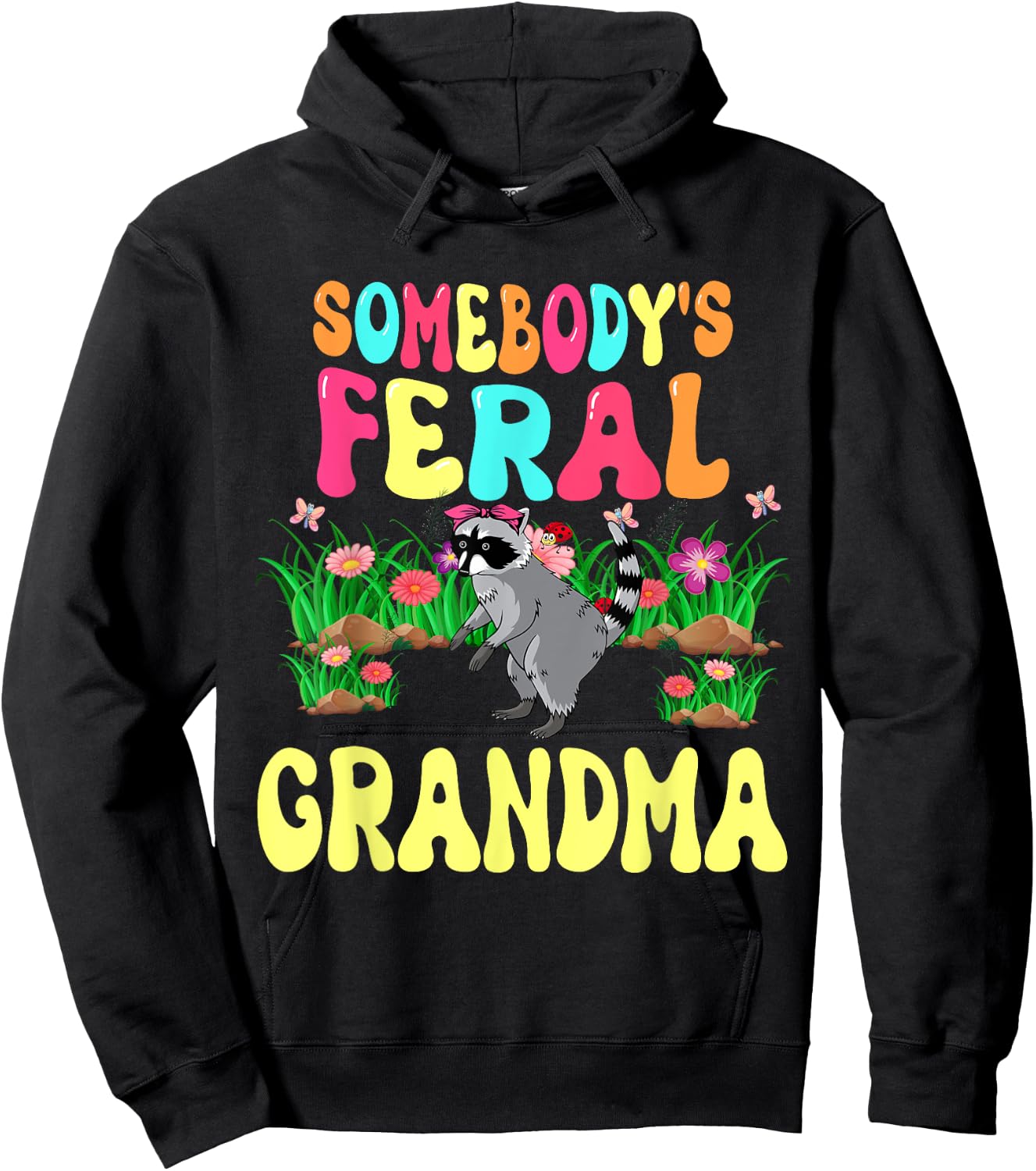 Somebody's Feral Grandma Cute Raccoon Bow Tie Flowers Animal Hoodie - Hoodie | Black