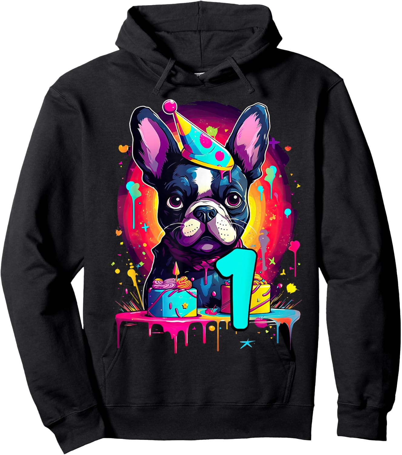French Bulldog Dog 1st Birthday Themed Party 1 Years Old Men Women Girls Kids Hoodie - Hoodie | Black